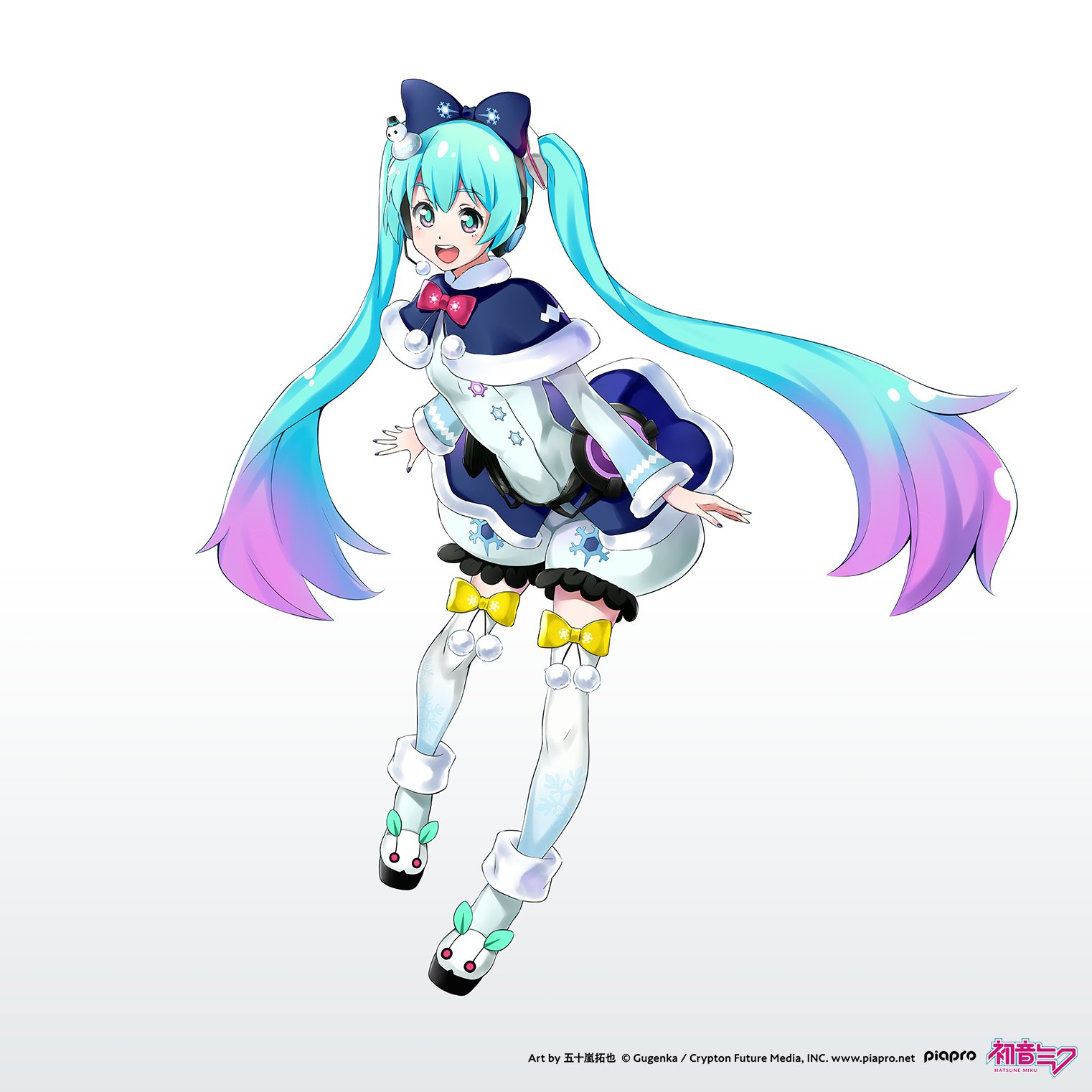 hatsune miku, vocaloid, commentary request, highres, official art, 1girl, :d, aqua hair, aqua pupils, artist name, blue bow, blue capelet, blue eyes, blue thighhighs, bow, capelet, company name, copyright notice, full body, gradient background, gradient hair, gradient thighhighs, hair bow, headset, ikarashi takuya, multicolored eyes, multicolored hair, open mouth, pink eyes, pink hair, pom pom (clothes), shoes, smile, snowflake print, snowman hair ornament, solo, teeth, thighhighs, tongue, upper teeth only, webpage, white shoes, white thighhighs, yellow bow