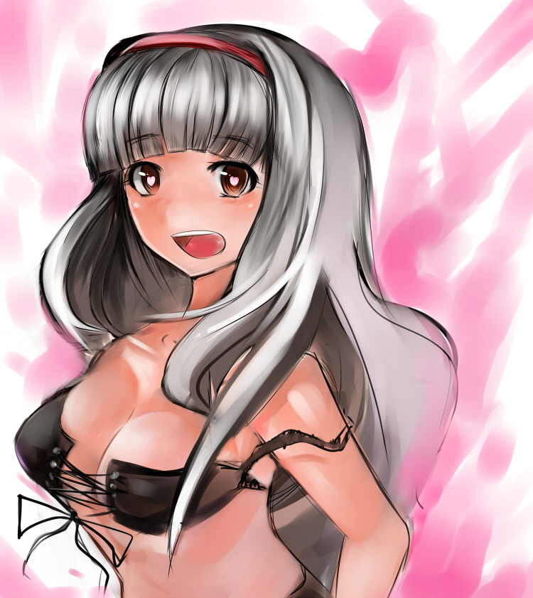 nerotarou, shijou takane, idolmaster, idolmaster (classic), silver hair, 00s, 1girl, blush, bra, breasts, brown eyes, cleavage, female focus, hairband, large breasts, lingerie, long hair, off shoulder, solo, surprised, underwear, wardrobe malfunction