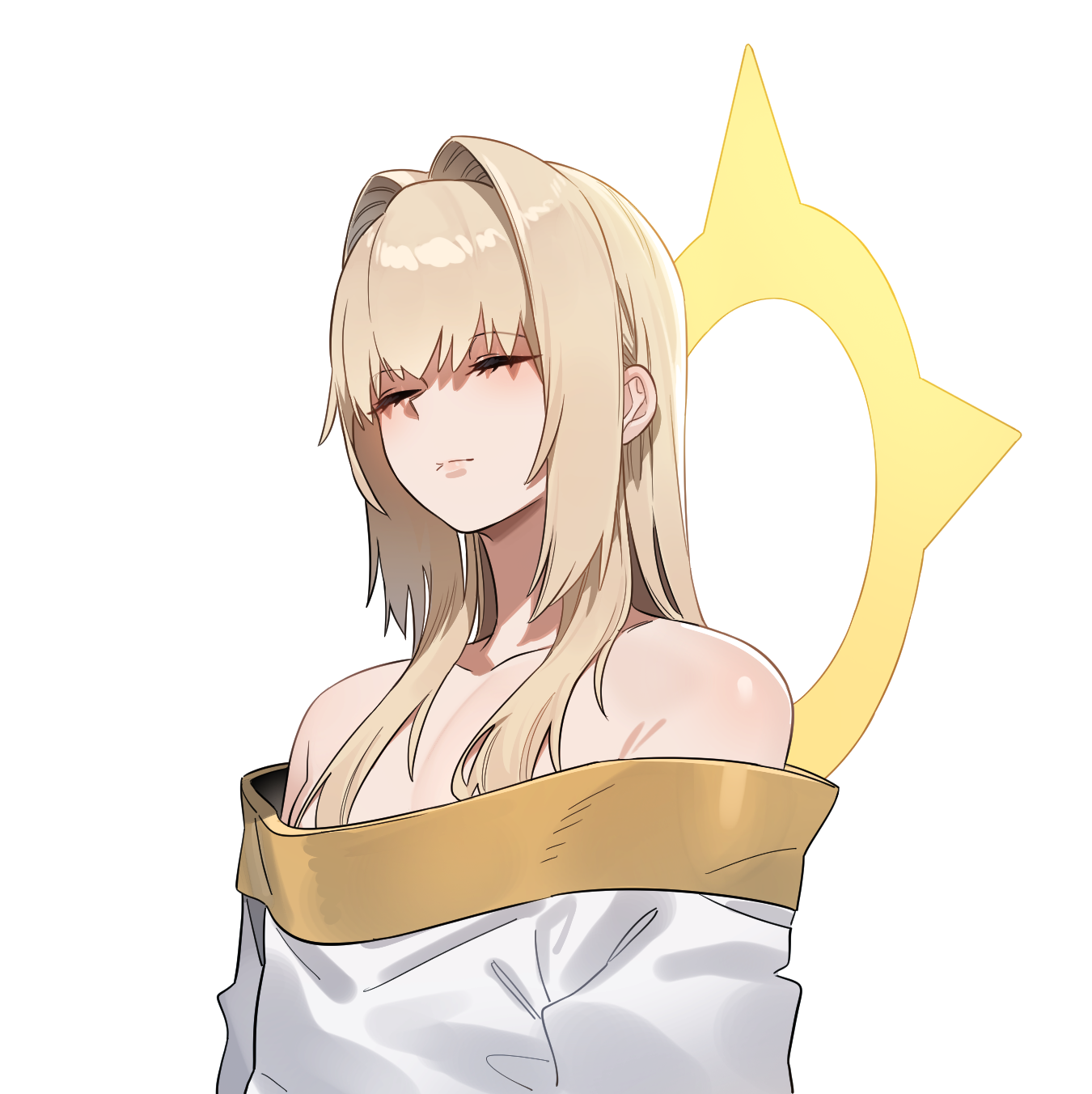 in (ain), original, highres, variant set, 1boy, bare shoulders, blonde hair, closed eyes, dress, hair intakes, hair over shoulder, halo, long hair, male focus, sidelocks, simple background, solo, spiked halo, standing, upper body, white background, white dress, yellow halo