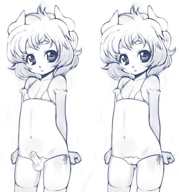 695 (mukuko), bad id, bad pixiv id, copyright request, 1boy, 1girl, :<, androgynous, bikini, blue theme, bulge, cameltoe, comparison, crossdressing, elbow gloves, erection, erection under clothes, flat chest, gloves, horns, kodomo doushi, loli, monochrome, penis, short hair, shota, side-tie bikini bottom, swimsuit, thighhighs, trap