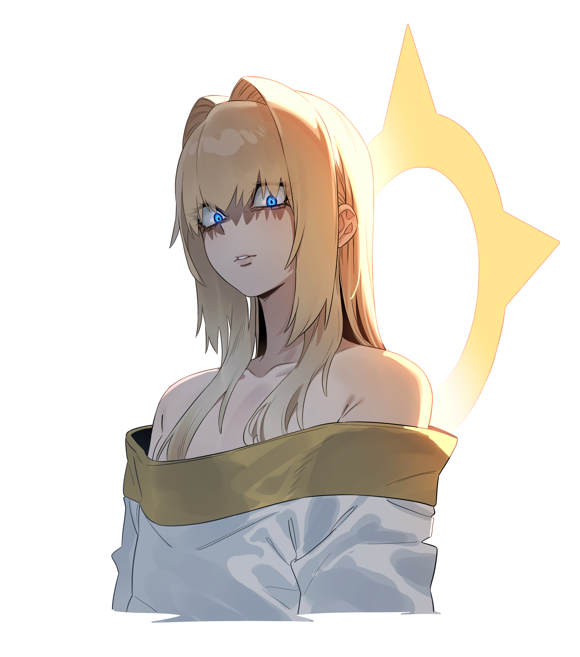 in (ain), original, absurdres, highres, variant set, 1boy, backlighting, bare shoulders, blonde hair, blue eyes, dress, hair intakes, hair over shoulder, halo, long hair, male focus, parted lips, sidelocks, simple background, solo, spiked halo, standing, upper body, white background, white dress, wide-eyed, yellow halo