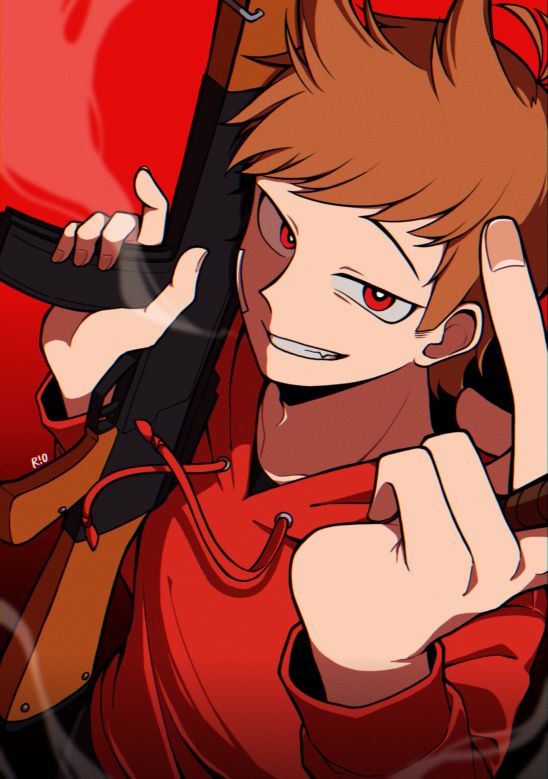 r!0, eddsworld, absurdres, commentary, highres, 1boy, animification, brown hair, cigar, drawstring, from above, grin, gun, holding, holding cigar, holding gun, holding weapon, hood, hood down, hoodie, looking at viewer, male focus, red eyes, red hoodie, red theme, short hair, smile, smoke, solo, tord (eddsworld), weapon