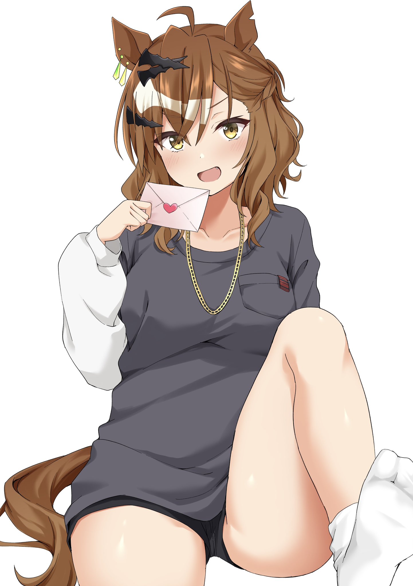 ryochapu, jungle pocket (umamusume), umamusume, commentary request, highres, 1girl, :d, ahoge, animal ears, black shirt, black shorts, blonde hair, breasts, brown hair, chain, chain necklace, collarbone, ear ornament, envelope, fang, feet, hair ornament, hairclip, heart, holding, holding envelope, horse ears, horse girl, horse tail, jewelry, long sleeves, looking at viewer, medium breasts, medium hair, necklace, notched ear, open mouth, pocket, shirt, shorts, simple background, sitting, smile, socks, solo, tail, v-shaped eyebrows, white background, white socks