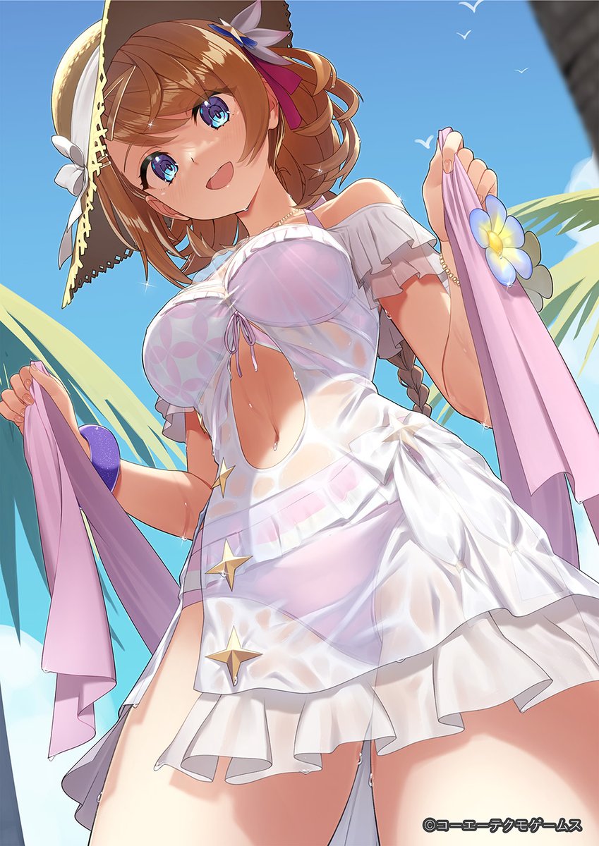 resna sternenlicht, resna sternenlicht (pretty summer), atelier (series), atelier resleriana, artist request, commentary request, highres, official art, second-party source, 1girl, bikini, bikini under clothes, blue eyes, blue sky, braid, breasts, brown hair, brown hat, copyright notice, cowboy shot, day, dress, flower, from below, hat, holding, long hair, looking at viewer, medium breasts, navel, open mouth, outdoors, pink bikini, purple flower, sky, smile, solo, sun hat, swimsuit, white dress