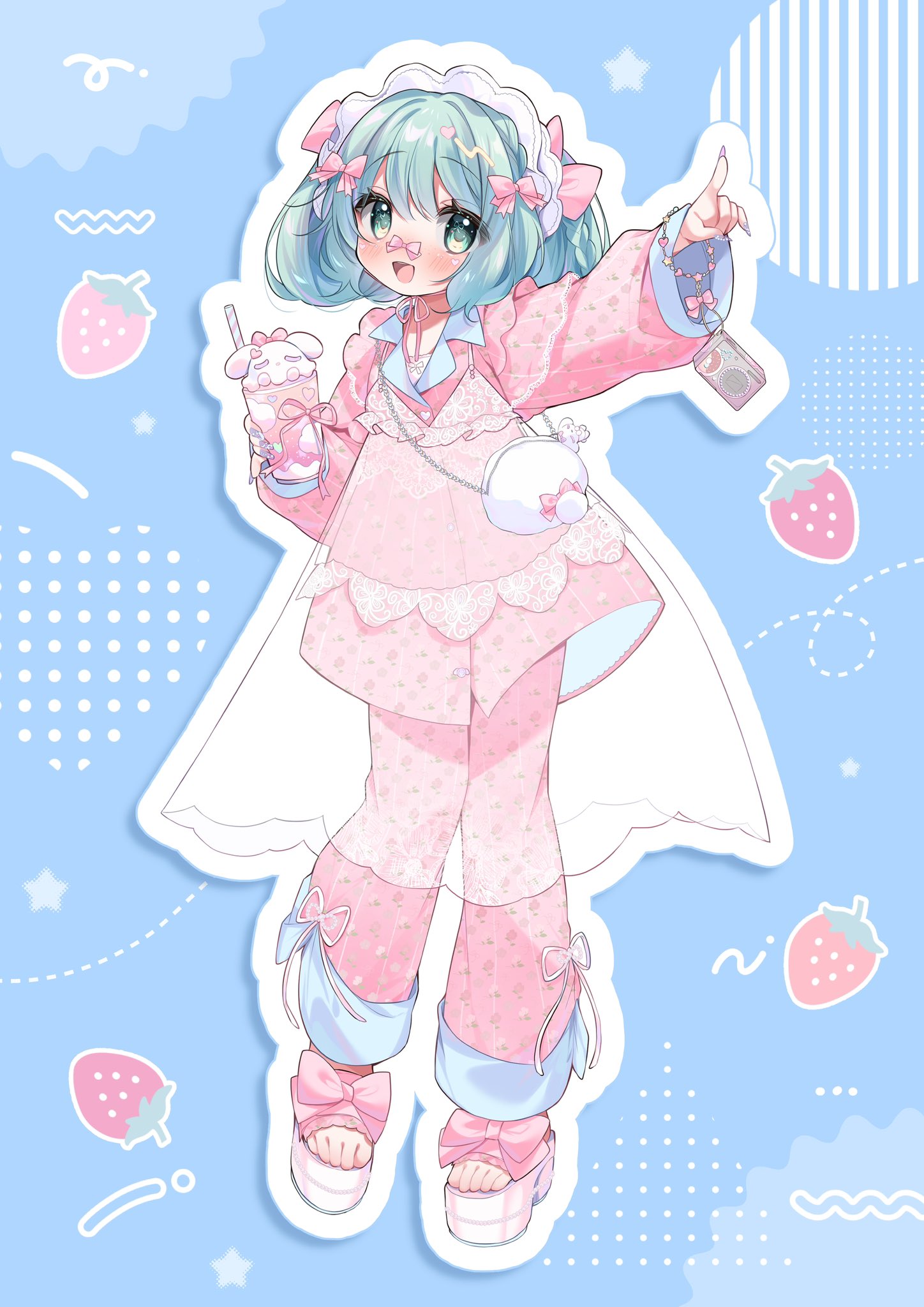 gau (n00 shi), hatsune miku, vocaloid, commentary request, highres, 1girl, alternate costume, alternate hair length, alternate hairstyle, animal-themed food, aqua hair, bag, blue background, blush, bow, cute x subculture hatsune miku design contest, drink, fashion, food, fruit, full body, handbag, holding, holding drink, long sleeves, looking at viewer, maid headdress, open mouth, pajamas, pants, pink bow, pink pajamas, pink pants, pink shirt, platform sandals, pointing, sandals, shirt, short hair, simple background, smile, solo, standing, strawberry, white bag, white sandals, yume kawaii