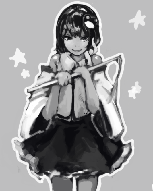 shoutarou (tibi2), kochiya sanae, touhou, 1girl, female focus, gohei, greyscale, hair ornament, monochrome, short hair, simple background, skirt, smile, solo, star (symbol), wand