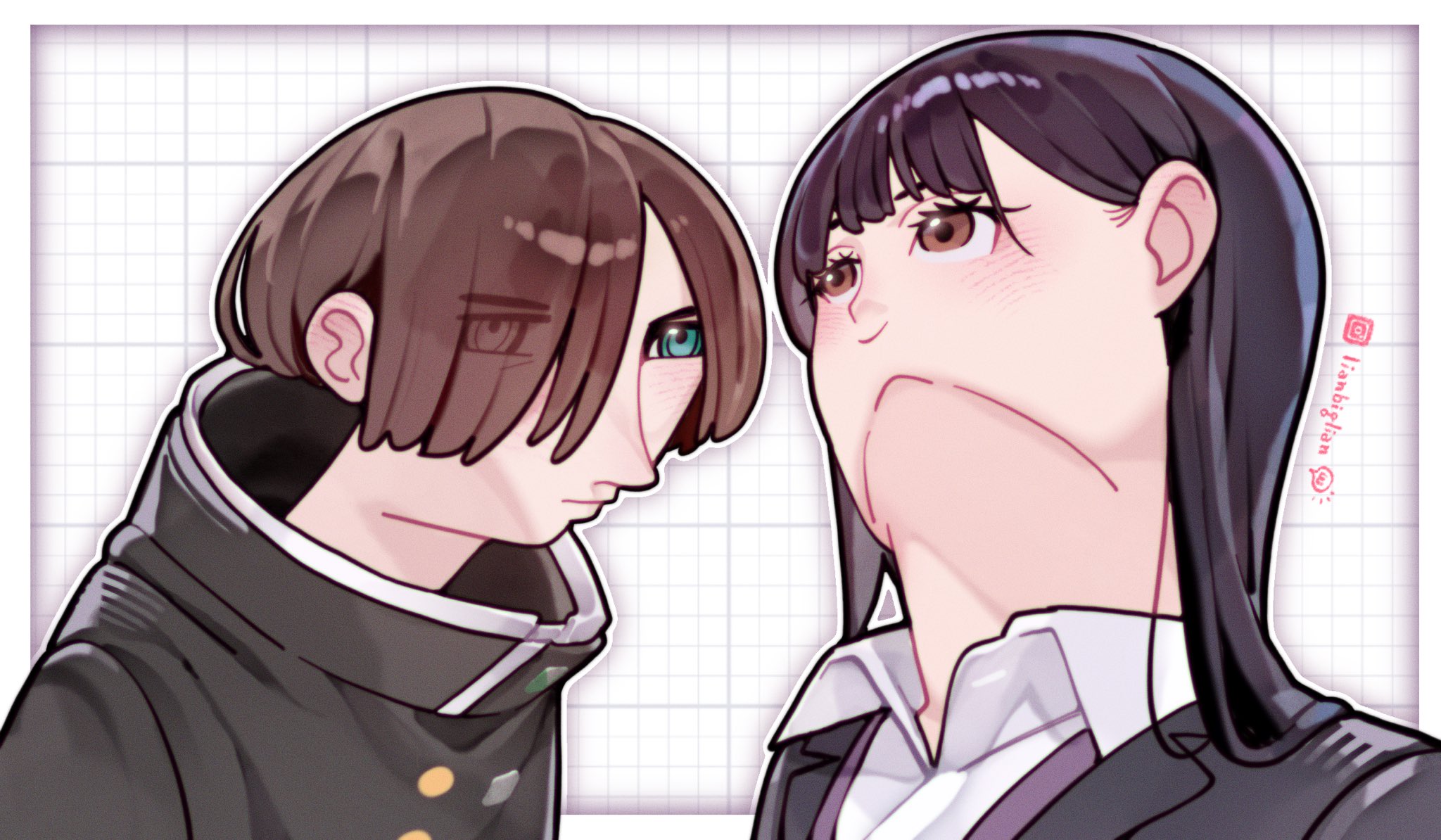 lianbiglian, ichikawa kyoutarou, yamada anna, boku no kokoro no yabai yatsu, commentary, highres, symbol-only commentary, 1boy, 1girl, 2girls, artist name, bad sasuke drawing (meme), black hair, black jacket, brown eyes, expressionless, eyes visible through hair, gakuran, green eyes, hair over one eye, high collar, instagram logo, instagram username, jacket, long hair, looking up, meme, multiple girls, school uniform, shirt, short hair, smile, upper body, upward angle frieren drawing (meme), white shirt, wing collar