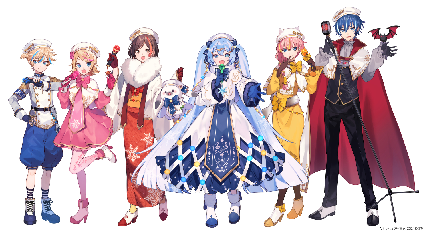 shugao, hatsune miku, kagamine len, kagamine rin, kaito (vocaloid), megurine luka, meiko (vocaloid), rabbit yukine, yuki miku, yuki miku (2021), vocaloid, commentary request, official art, 2boys, 4girls, :d, artist name, beret, black pants, blonde hair, blue bow, blue eyes, blue gloves, blue hair, blue shorts, blue socks, bow, brown gloves, brown hair, cape, company name, copyright notice, dress, fortissimo, full body, gloves, gold trim, hair between eyes, hair bow, hair ornament, hat, heart, holding, holding microphone, japanese clothes, kimono, leg up, long hair, microphone, multicolored hair, multiple boys, multiple girls, musical note, musical note hair ornament, open mouth, outstretched arm, pants, pantyhose, pink hair, pink pantyhose, puffy shorts, rabbit, red cape, red hair, red kimono, shoes, shorts, simple background, smile, snowflake print, socks, standing, streaked hair, striped clothes, striped socks, tabard, twintails, very long hair, white background, white dress, white hat, white shoes, white socks, yellow bow, yellow dress, yellow socks