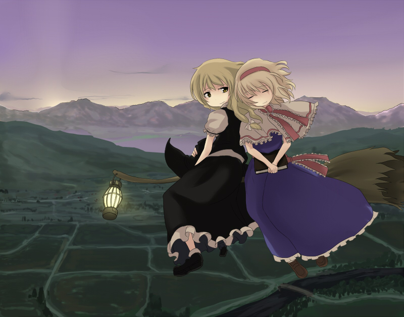 you (pixiv249955), you (shimizu), alice margatroid, kirisame marisa, touhou, bad id, bad pixiv id, 2girls, apron, ascot, blonde hair, blue dress, blush, book, broom, broom riding, capelet, closed eyes, couple, dress, female focus, hairband, hat, holding, holding book, lamp, long hair, multiple girls, multiple riders, sash, shoes, short hair, sidesaddle, unworn hat, unworn headwear, waist apron, witch hat, yellow eyes, yuri