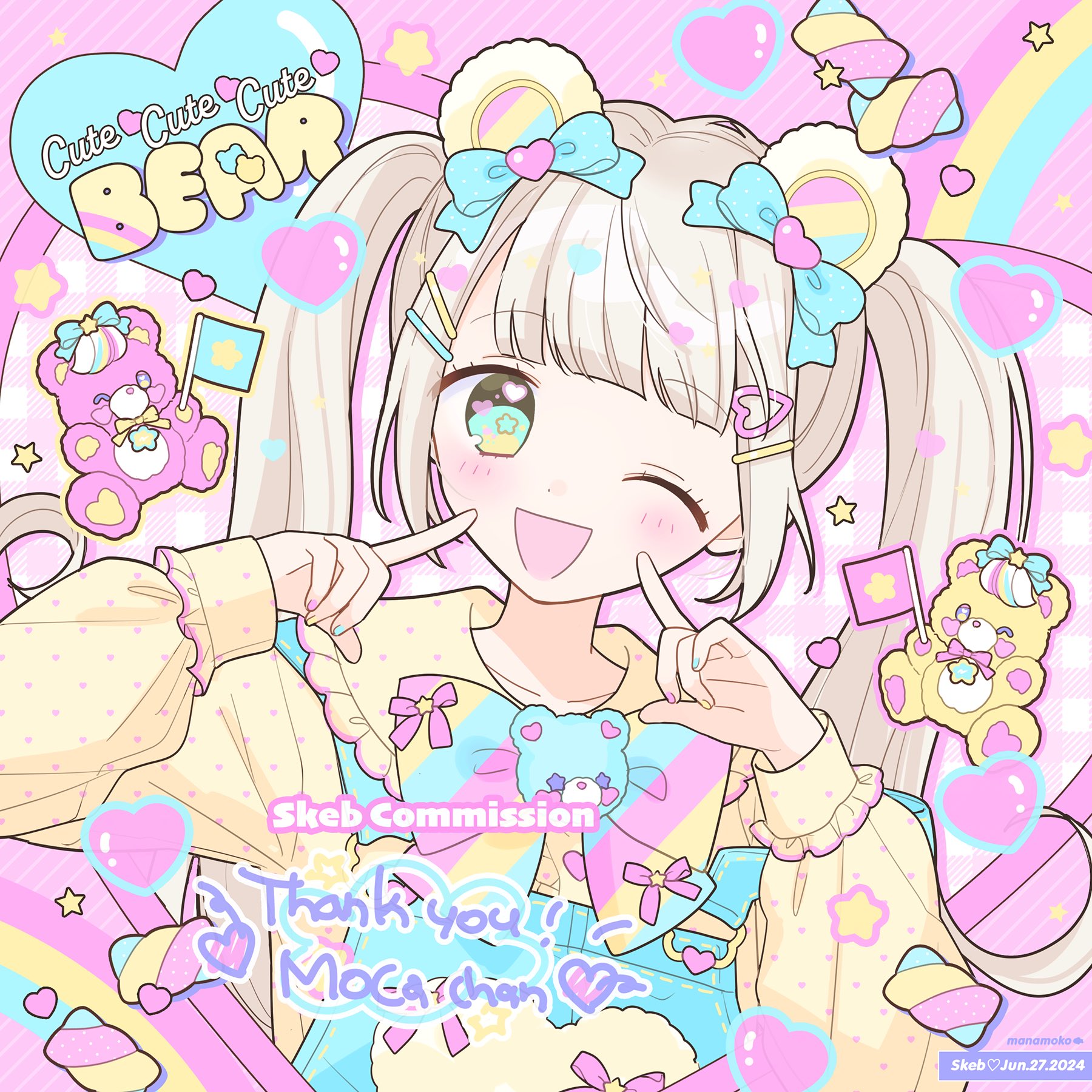 manamoko (fancy surprise!), original, commentary request, commission, highres, skeb commission, 1girl, animal ears, bear ears, blonde hair, blush, bow, bowtie, candy, colorful, english text, fairy kei, fake animal ears, flag, food, green eyes, hair ornament, hairclip, long hair, long sleeves, looking at viewer, one eye closed, pastel colors, polka dot, polka dot shirt, rainbow, shirt, stuffed animal, stuffed toy, teddy bear, twintails, upper body, yellow shirt, yume kawaii