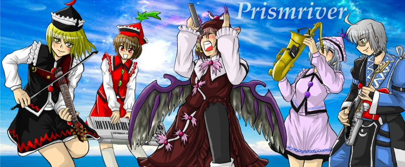 enokuma uuta, layla prismriver, lunasa prismriver, merlin prismriver, morichika rinnosuke, mystia lorelei, touhou, md5 mismatch, resolution mismatch, source larger, 1boy, 4girls, hat, multiple girls, ocean, outdoors, skirt, sky