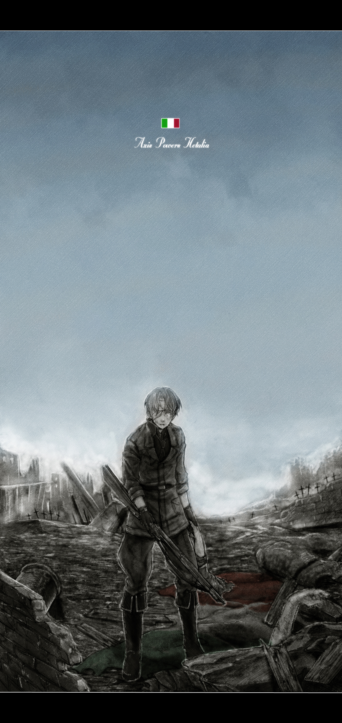 azuma yuuhi, northern italy (hetalia), axis powers hetalia, absurdres, bad id, bad pixiv id, highres, 00s, 1boy, bandages, copyright name, grave, gun, male focus, military, rifle, ruins, severed arm, severed limb, solo, tears, weapon