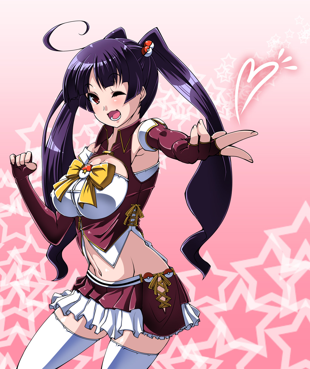 satsuki imonet, sabrina (pokemon), nintendo, pokemon, pokemon rgby, highres, 1990s (style), 1girl, elbow gloves, female focus, fingerless gloves, gloves, gym leader, heart, long hair, midriff, one eye closed, poke ball, retro artstyle, ribbon, skirt, solo, thighhighs, twintails, white thighhighs, wink, zettai ryouiki