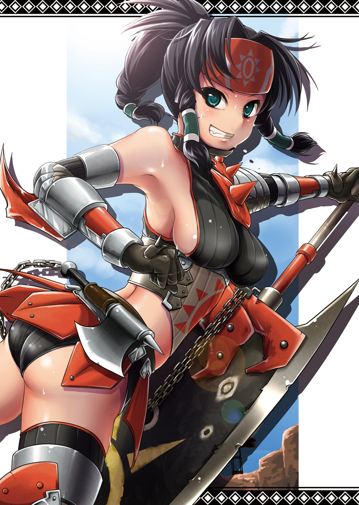 pochi (pochi-goya), kuroobi (one piece), capcom, monster hunter (series), 1girl, armor, armpits, ass, axe, bare shoulders, black hair, breasts, chain, detached sleeves, female focus, gloves, green eyes, grin, hair tubes, headband, kuroobi (armor), large breasts, long hair, looking at viewer, midriff, sideboob, smile, solo, spikes, sweat, sword, thighhighs, weapon