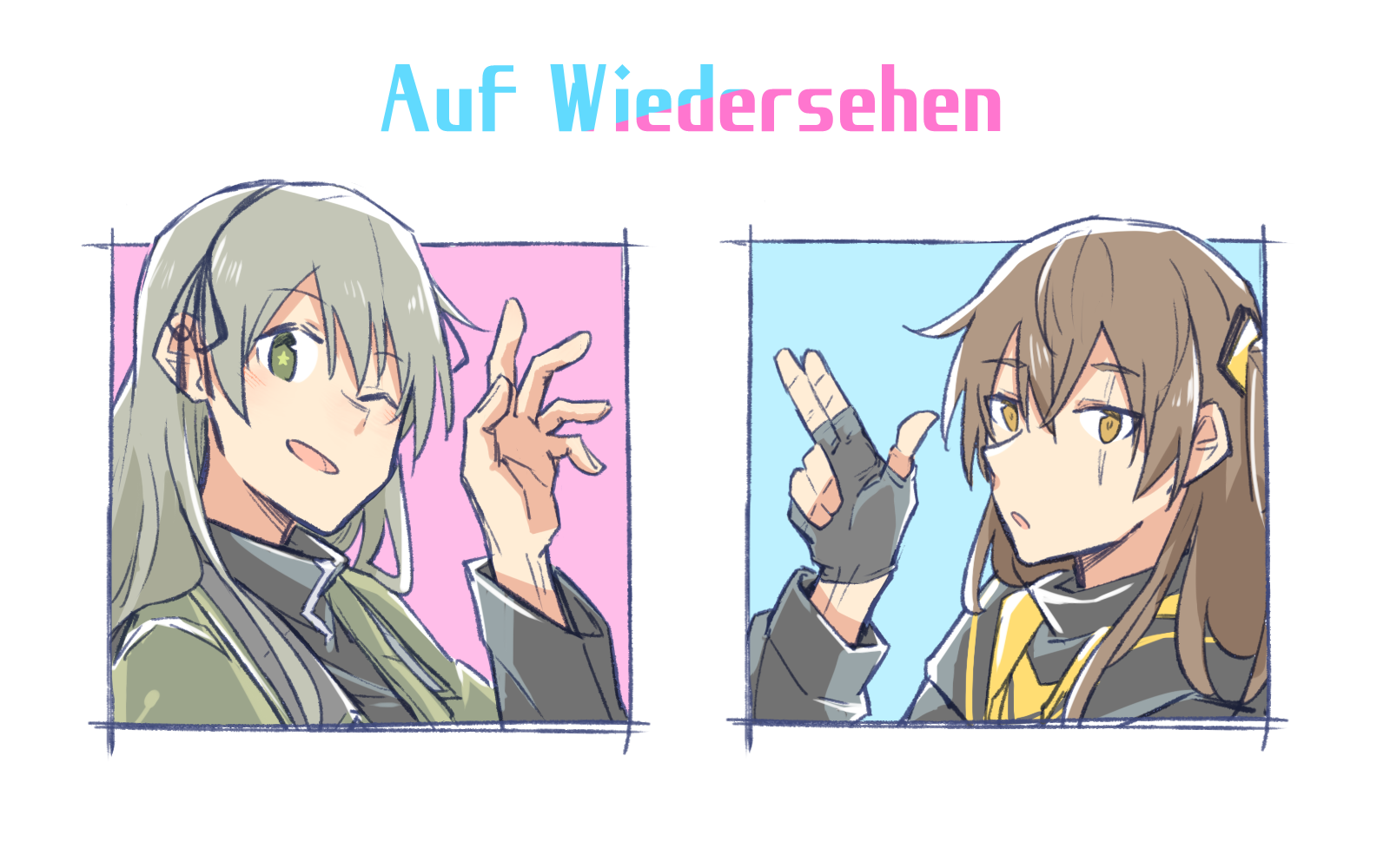 xinhao, ump40 (girls' frontline), ump45 (girls' frontline), girls' frontline, highres, non-web source, 2girls, gloves, green eyes, hair between eyes, jacket, long hair, long sleeves, multiple girls, open mouth, scar, scar across eye, scar on face, shirt, simple background, smile, star-shaped pupils, star (symbol), symbol-shaped pupils, yellow eyes