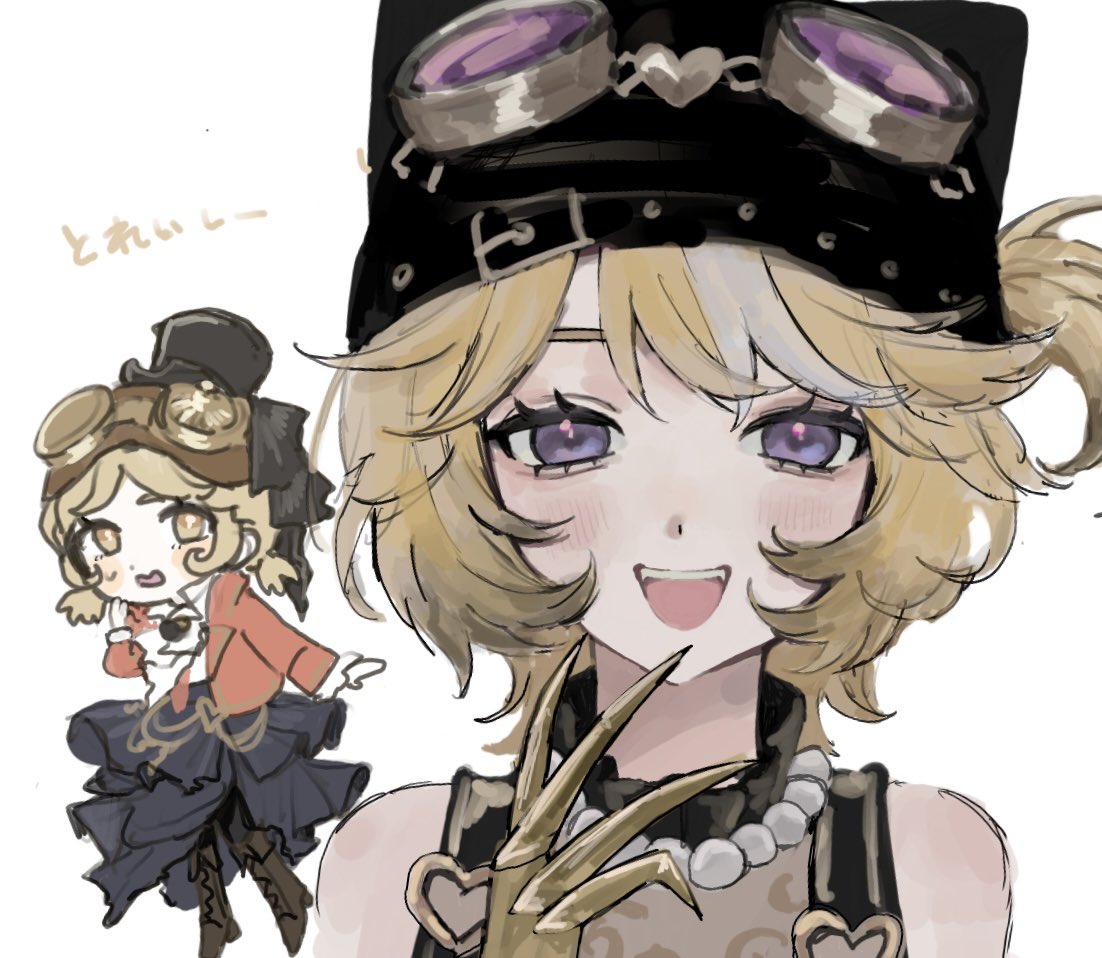 tracy reznik, tracy reznik (lock core), tracy reznik (lockheart), identity v, 2girls, :d, black hat, blonde hair, claws, dual persona, goggles, goggles on headwear, hat, jewelry, kanichan000, multiple girls, necklace, official alternate costume, one side up, open mouth, pearl necklace, purple-tinted eyewear, purple eyes, short twintails, smile, straight-on, tinted eyewear, twintails, white streaks