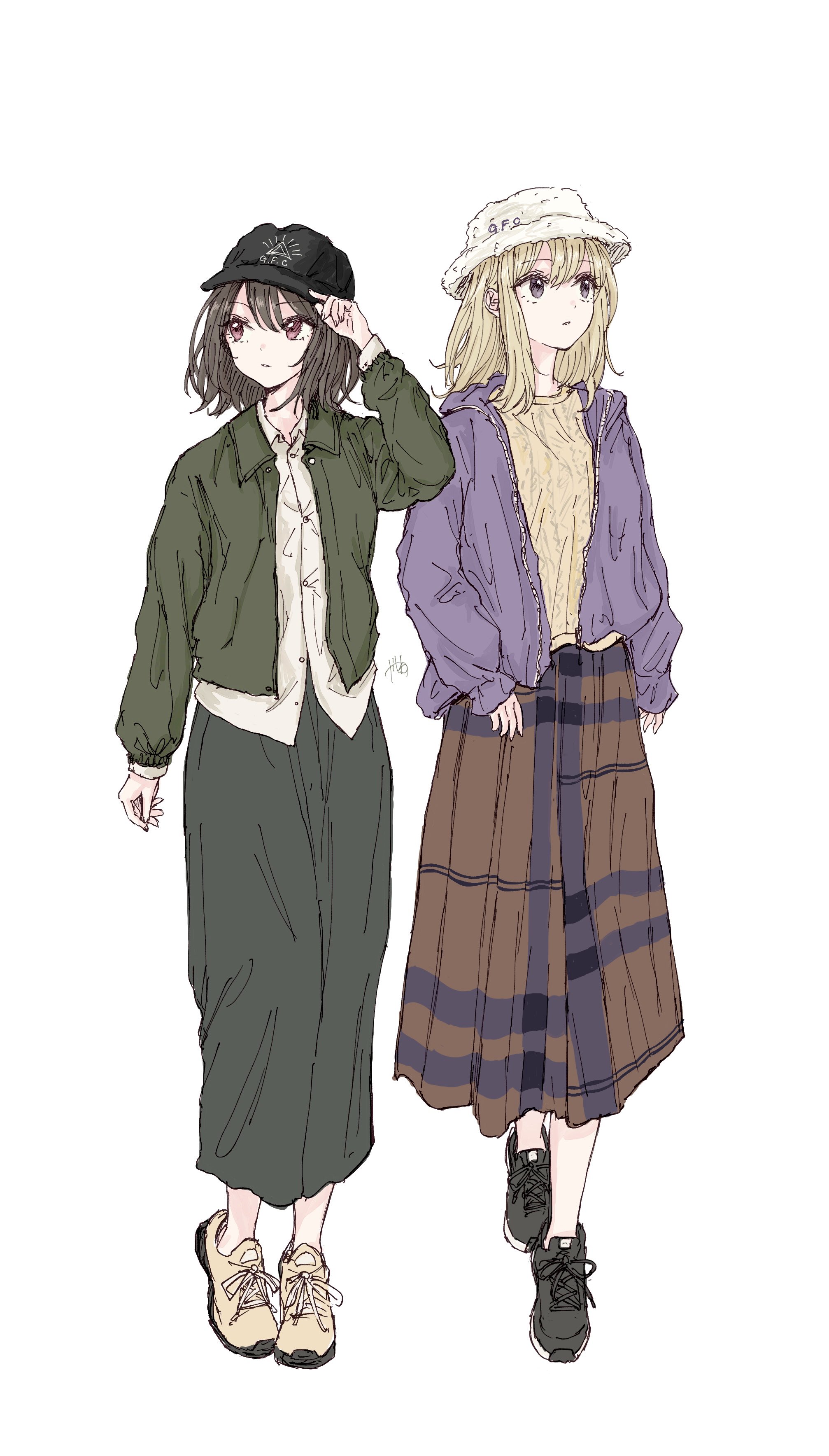 kashiwada kiiho, maribel hearn, usami renko, touhou, absurdres, commentary request, highres, 2girls, alternate costume, alternate head, black hat, black shoes, blonde hair, brown hair, brown shoes, brown skirt, buttons, collared shirt, contemporary, flat cap, full body, green jacket, green skirt, hand on own hat, hat, jacket, multiple girls, purple eyes, purple jacket, red eyes, shirt, shoelaces, shoes, signature, simple background, skirt, standing, turning head, white background, white hat, white shirt, yellow shirt