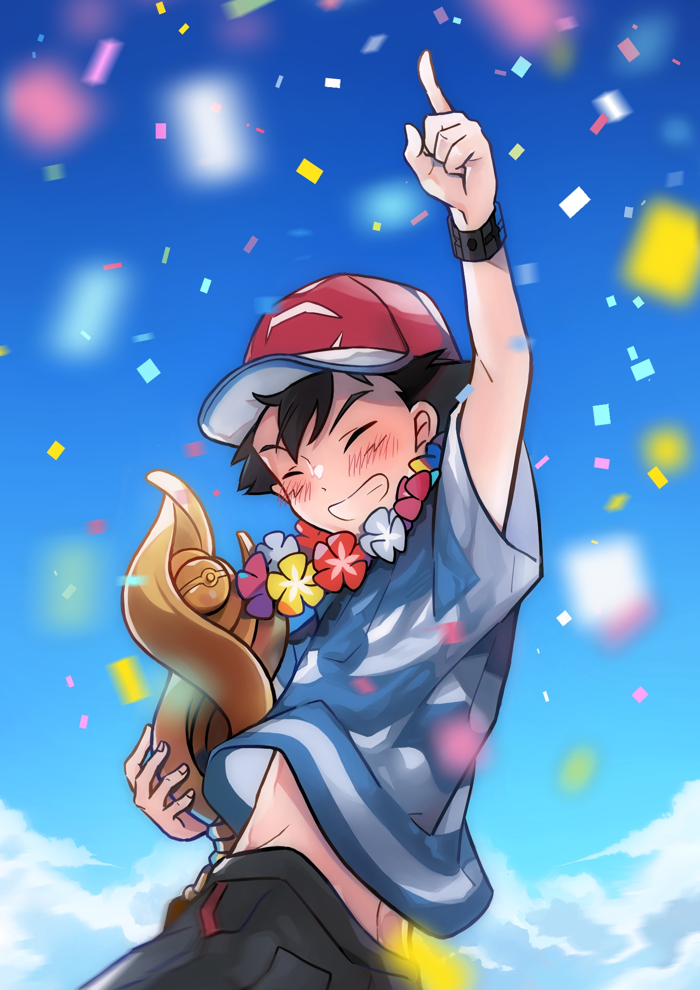 annty, ash ketchum, nintendo, pokemon, pokemon (anime), pokemon sm (anime), commentary request, highres, spoilers, textless version, 1boy, arm up, baseball cap, black hair, blue shirt, blue sky, blurry, blush, bracelet, closed eyes, cloud, confetti, day, fingernails, flower, flower necklace, hat, holding, holding trophy, index finger raised, jewelry, lei, male focus, necklace, outdoors, pink flower, poke ball theme, red flower, red hat, shirt, short hair, short sleeves, sky, smile, solo, teeth, trophy, white flower, yellow flower