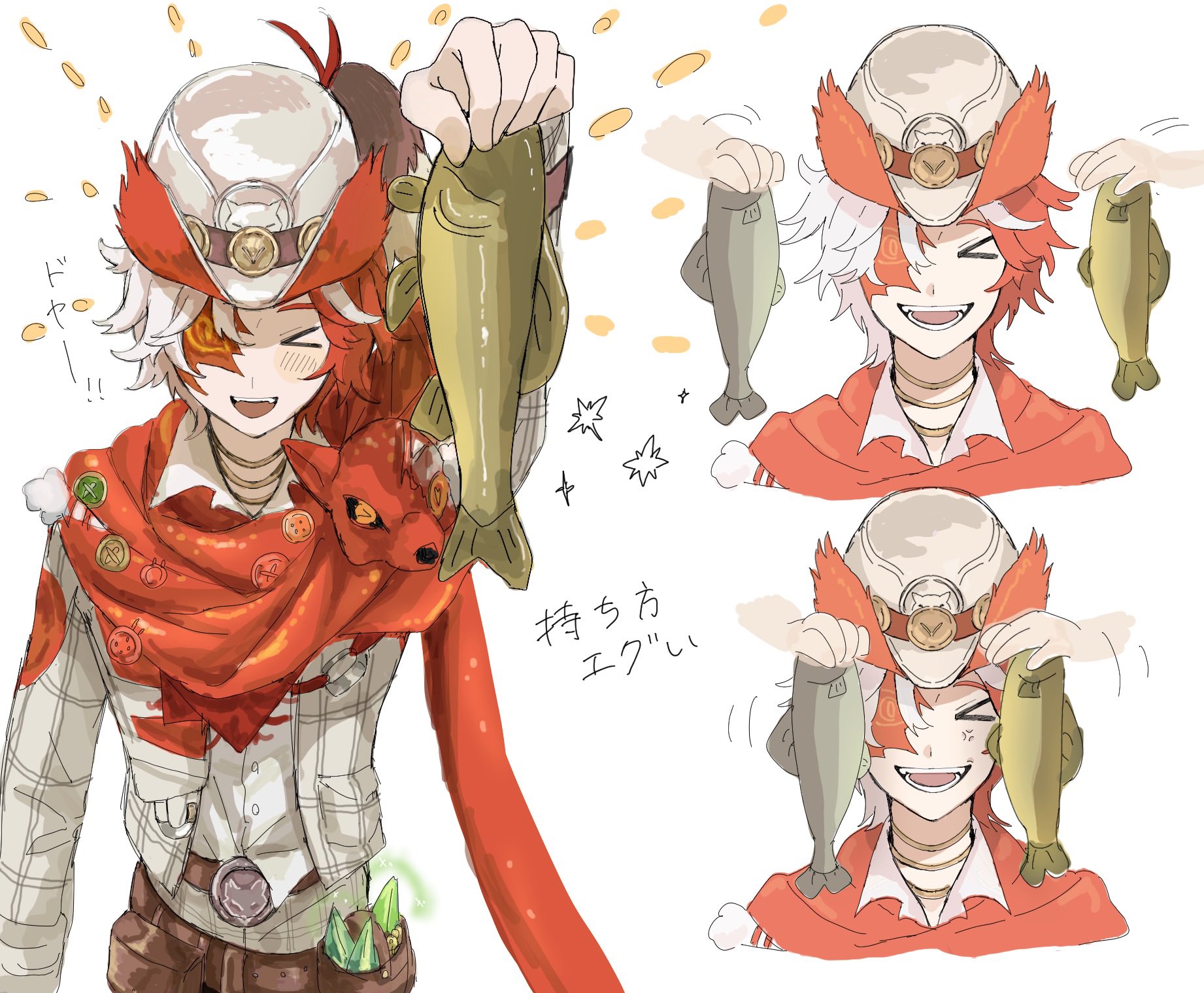 florian brand, florian brand (spirit fox), identity v, highres, translation request, > <, 1boy, :d, anger vein, animal, belt, belt pouch, brown belt, facing viewer, fangs, fish, grid print, holding, holding animal, holding fish, jacket, kanichan000, male focus, multicolored hair, multiple views, one eye covered, open mouth, orange hair, orange scarf, pouch, scarf, shirt, smile, striped blush, two-tone hair, white hair, white jacket, white shirt