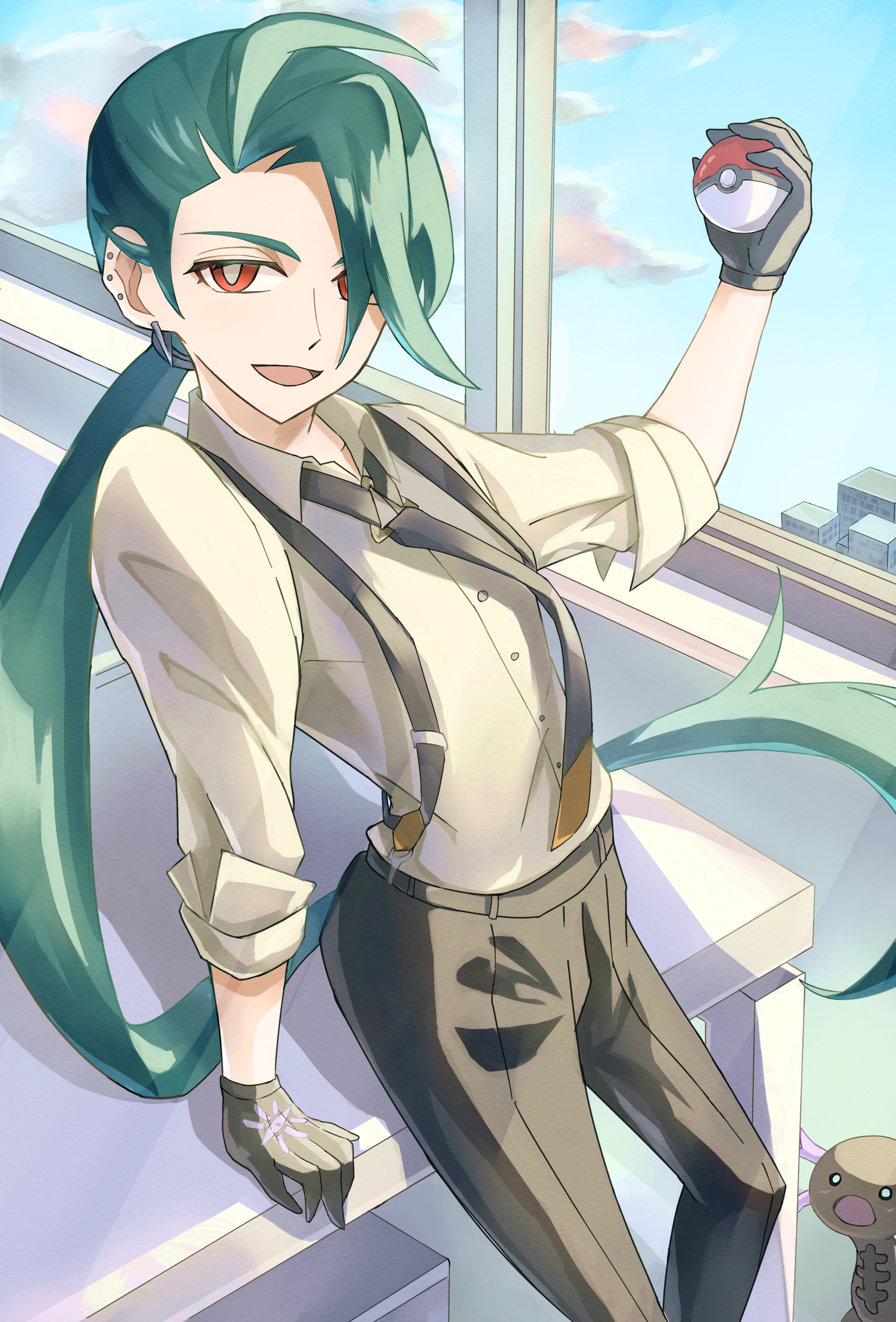 paldean wooper, rika (pokemon), nintendo, pokemon, pokemon sv, absurdres, commentary request, highres, black gloves, black necktie, black pants, blue sky, bright pupils, cloud, collared shirt, day, ear piercing, earrings, eyelashes, gloves, green hair, grey shirt, hair over one eye, holding, holding poke ball, indoors, jewelry, kuroki elis, long hair, looking at viewer, necktie, open mouth, pants, piercing, poke ball, poke ball (basic), pokemon (creature), ponytail, red eyes, shirt, sitting, sky, smile, suspenders, very long hair, white pupils, window