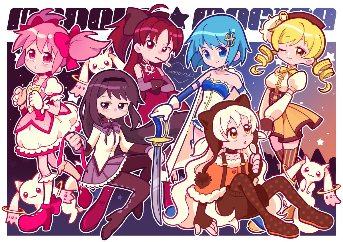 marikyuunn, akemi homura, akemi homura (magical girl), kaname madoka, kaname madoka (magical girl), kyubey, miki sayaka, miki sayaka (magical girl), momoe nagisa, momoe nagisa (magical girl), sakura kyoko, sakura kyoko (magical girl), tomoe mami, tomoe mami (magical girl), mahou shoujo madoka magica, mahou shoujo madoka magica: hangyaku no monogatari, commentary, 6+girls, black hair, blonde hair, blue hair, blush, creature, dress, drill hair, fortissimo, gem, hair ornament, hat, long hair, magical girl, multiple girls, one eye closed, open mouth, pink hair, ponytail, puffy short sleeves, puffy sleeves, red hair, short hair, short sleeves, short twintails, sitting, skirt, star (symbol), sword, twin drills, twintails, very long hair, weapon, white hair