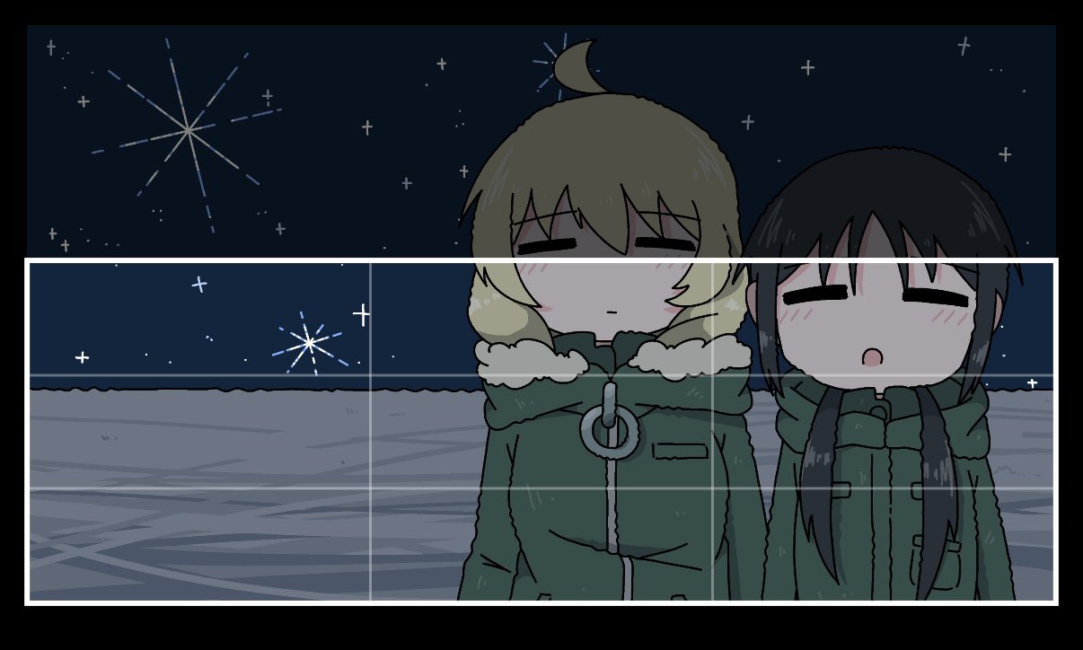 emesan desu, chito (shoujo shuumatsu ryokou), yuuri (shoujo shuumatsu ryokou), shoujo shuumatsu ryokou, hashtag-only commentary, 2girls, :o, :|, = =, ahoge, black border, black eyes, black hair, blonde hair, border, closed eyes, closed mouth, coat, expressionless, fur-trimmed jacket, fur trim, green coat, hood, hood down, hooded jacket, horizon, jacket, long hair, low twintails, meme, military uniform, multiple girls, night, night sky, outdoors, parted lips, sky, snow, standing, star (sky), starry sky, twintails, twitter header won't fit (meme), upper body