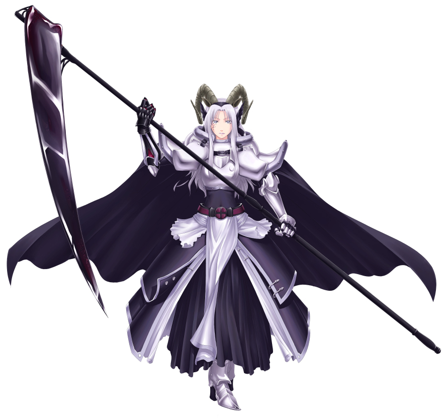 mr.romance, crusader (ragnarok online), ragnarok online, armor, blue eyes, coat, gauntlets, horns, scythe, simple background, solo, weapon, white hair