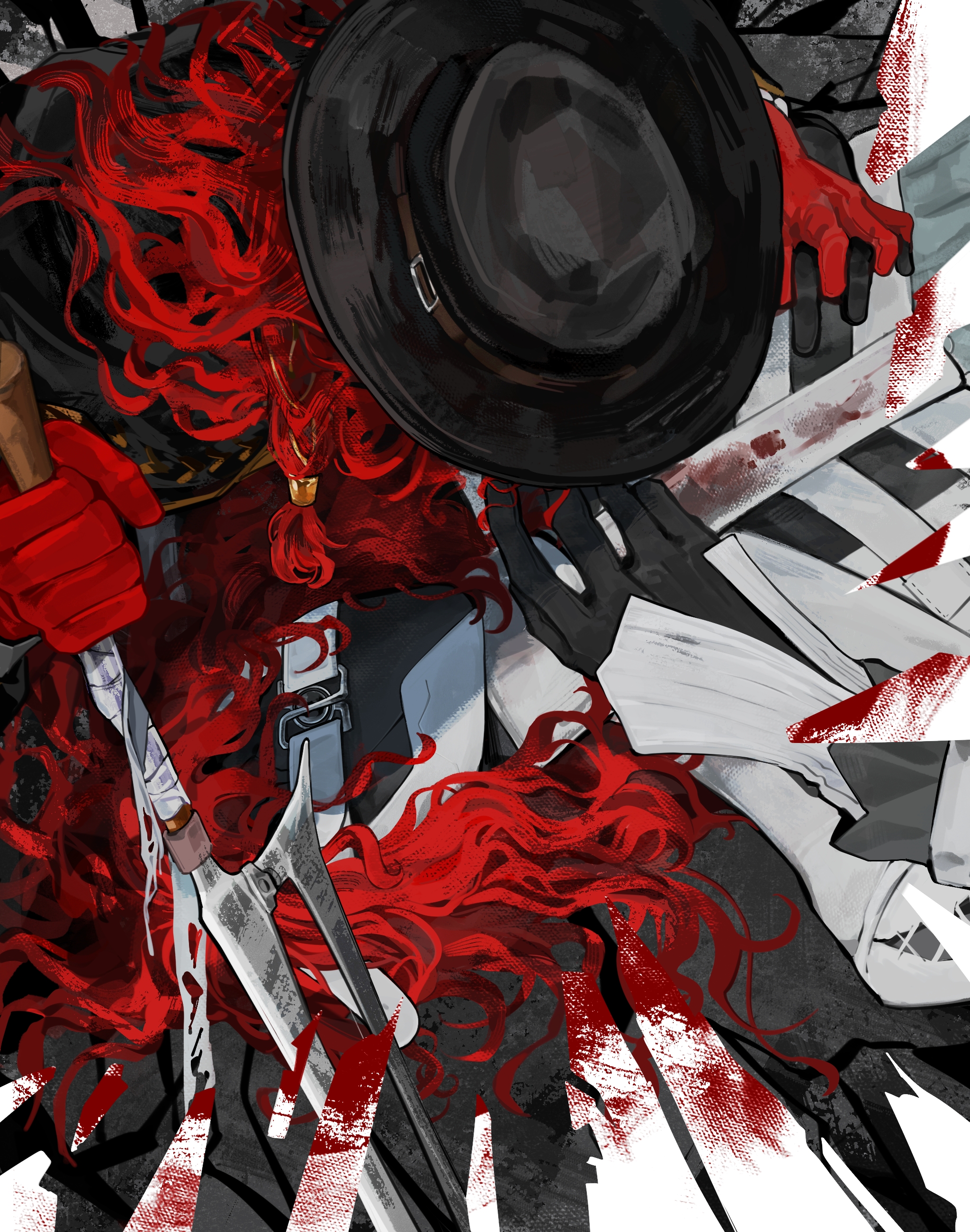 aleph (reverse:1999), merlin (reverse:1999), reverse:1999, absurdres, highres, 2boys, black cape, black gloves, black hat, black mask, cape, covered face, dual persona, facing another, gloves, hacksaw, hat, holding hands, holding saw, interlocked fingers, male focus, multiple boys, red gloves, red hair, saw, shirt, white shirt, yi ke mantou