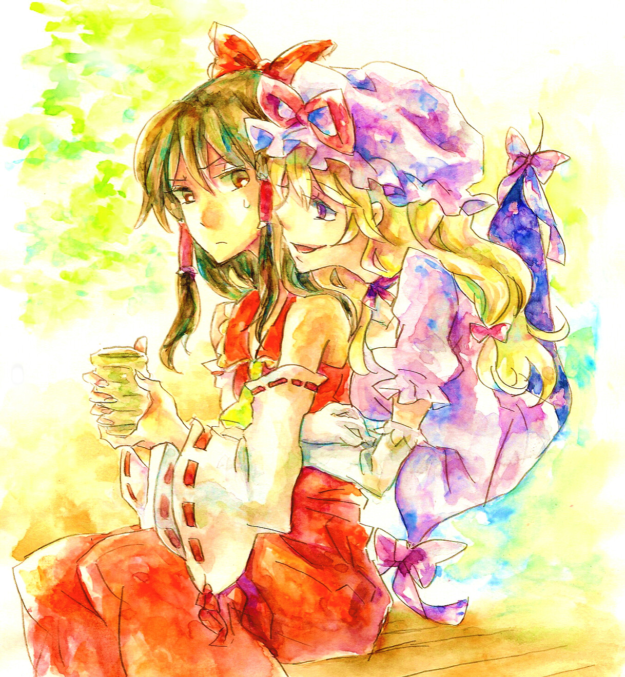 shinoasa, hakurei reimu, yakumo yukari, touhou, bad id, bad pixiv id, highres, painting (medium), traditional media, watercolor (medium), 2girls, female focus, gap (touhou), hug, hug from behind, multiple girls