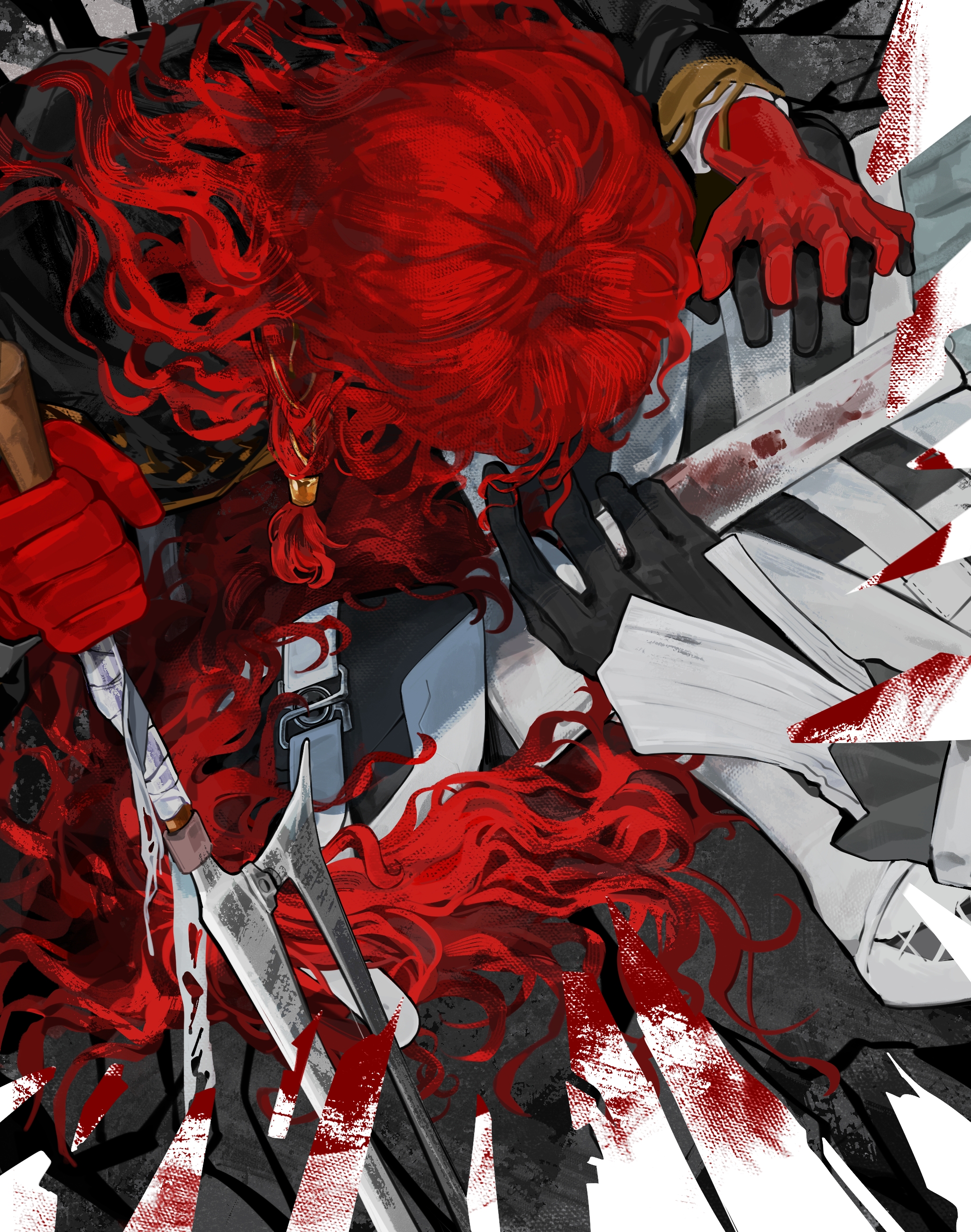 aleph (reverse:1999), merlin (reverse:1999), reverse:1999, absurdres, highres, 2boys, black cape, black gloves, black mask, cape, covered face, dual persona, facing another, gloves, hacksaw, holding hands, holding saw, interlocked fingers, male focus, multiple boys, red gloves, red hair, saw, shirt, white shirt, yi ke mantou