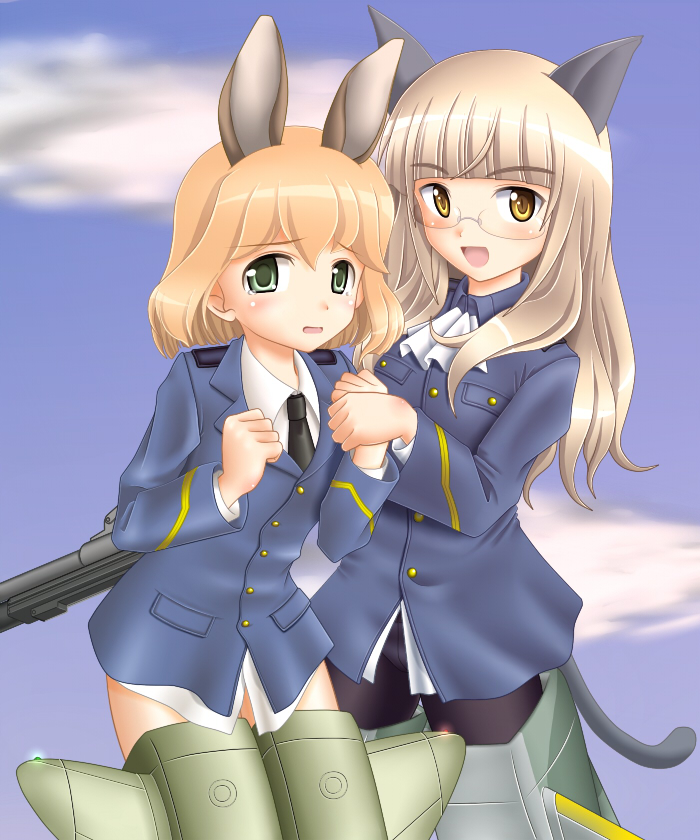 mushoku no hourousha, amelie planchard, perrine h. clostermann, strike witches, strike witches: katayoku no majo-tachi, world witches series, uniform, 00s, 2girls, animal ears, blonde hair, blush, cat ears, cat tail, glasses, green eyes, gun, long hair, multiple girls, pantyhose, rabbit ears, rabbit girl, short hair, striker unit, tail, tears, weapon, yellow eyes