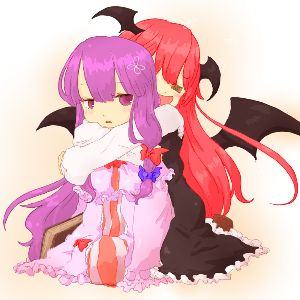 suiyou taruta, suiyoubi, koakuma, patchouli knowledge, embodiment of scarlet devil, touhou, 2girls, :d, = =, bat wings, black dress, blue bow, book, bow, demon girl, dress, female focus, flower, frills, hair bow, hair flower, hair ornament, head wings, hug, kneeling, long hair, looking back, multiple girls, open mouth, purple dress, purple eyes, purple hair, red bow, simple background, sitting, smile, very long hair, wings, yellow background