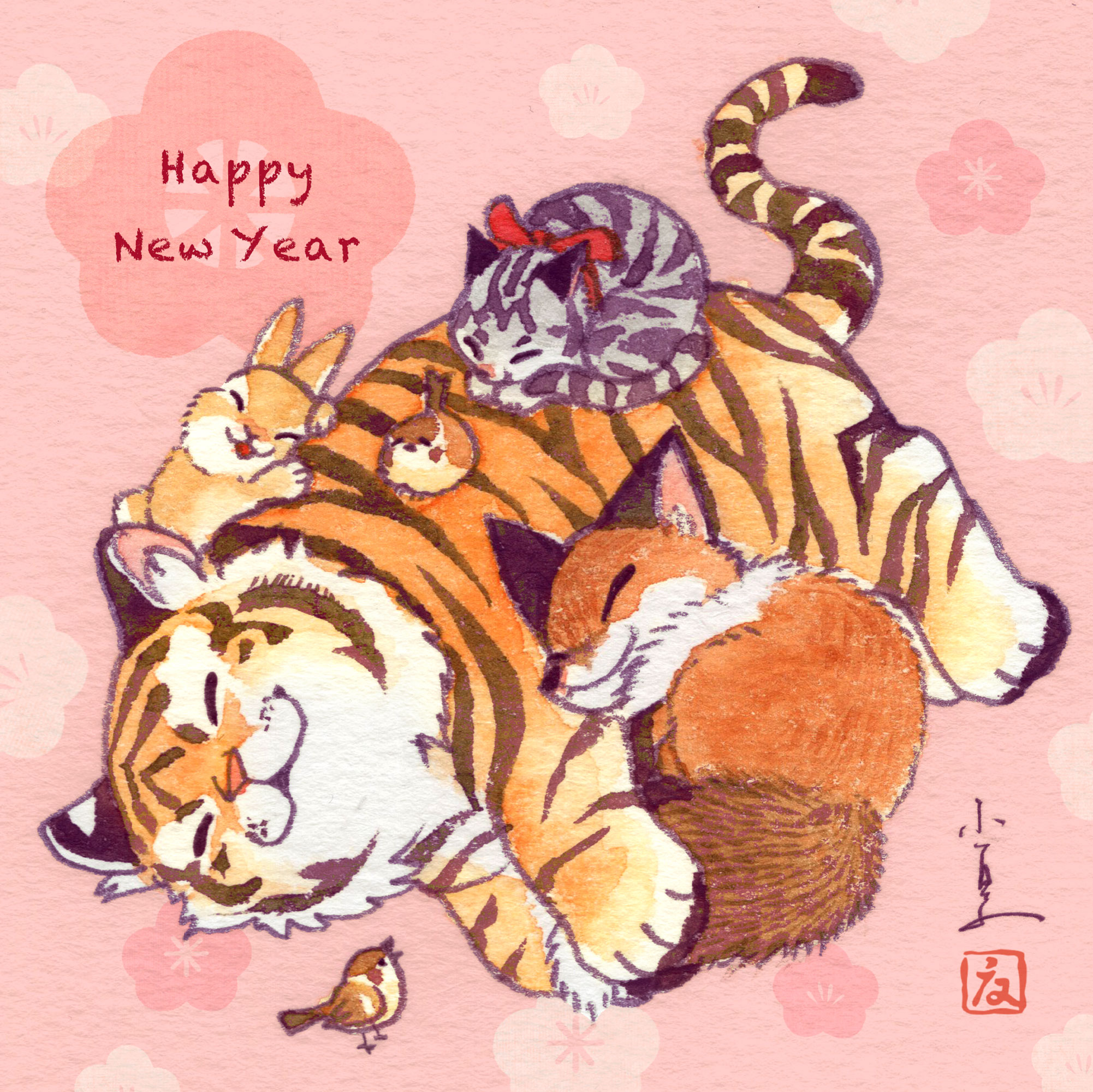konatsu tunacan, original, commentary request, highres, painting (medium), traditional media, watercolor (medium), animal, animal focus, bird, cat, closed eyes, fluffy, fox, grey cat, happy new year, lying, new year, no humans, on side, rabbit, signature, sleeping, tabby cat, tiger
