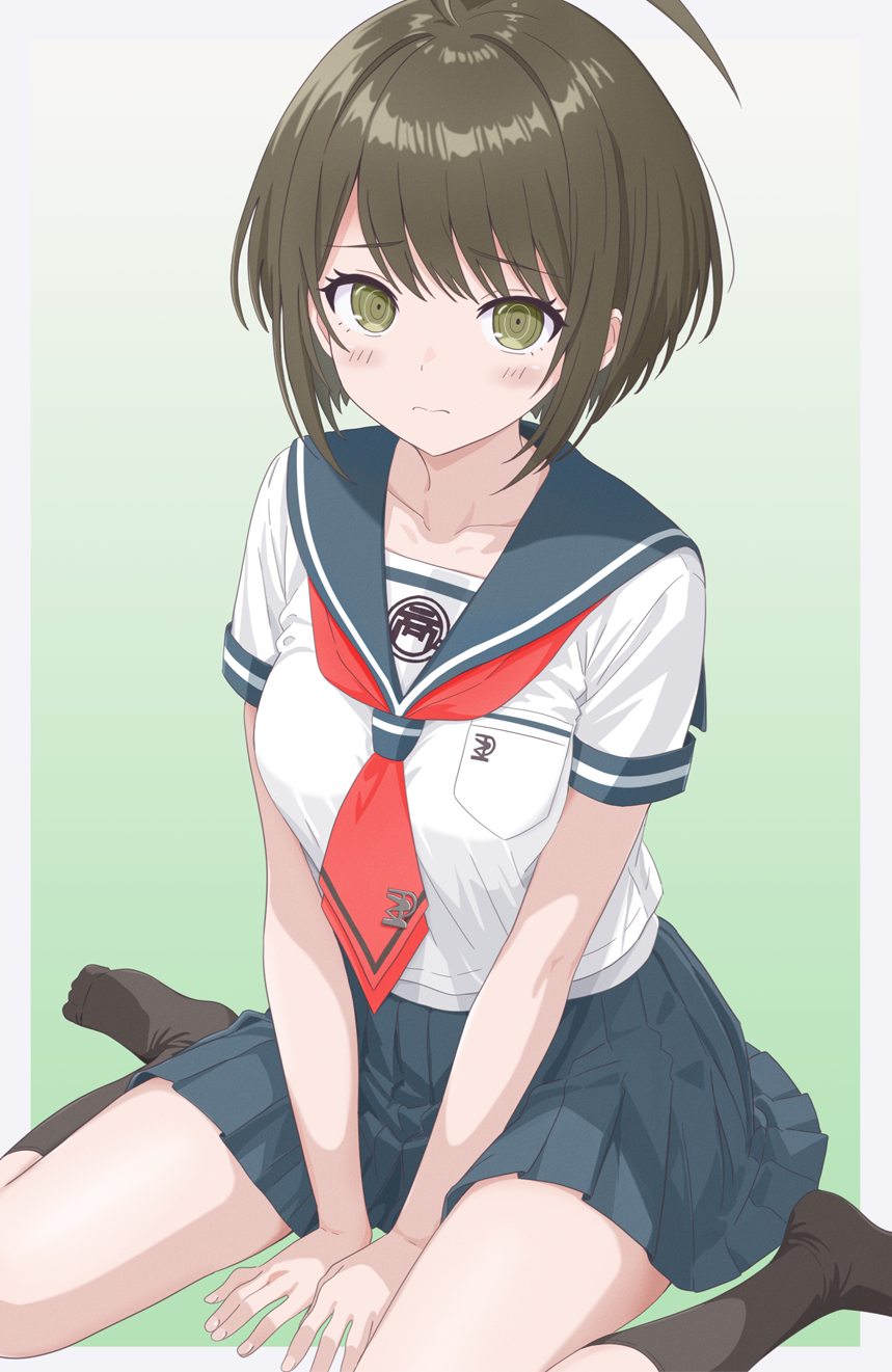 ale pocot, naegi komaru, danganronpa (series), danganronpa another episode: ultra despair girls, commentary request, highres, 1girl, ahoge, black hair, black socks, blue sailor collar, blue skirt, breast pocket, breasts, closed mouth, collarbone, collared shirt, eyelashes, green eyes, necktie, no shoes, pocket, red necktie, sailor collar, school uniform, serafuku, shirt, short hair, short sleeves, simple background, sitting, skirt, socks, solo, wariza, white shirt