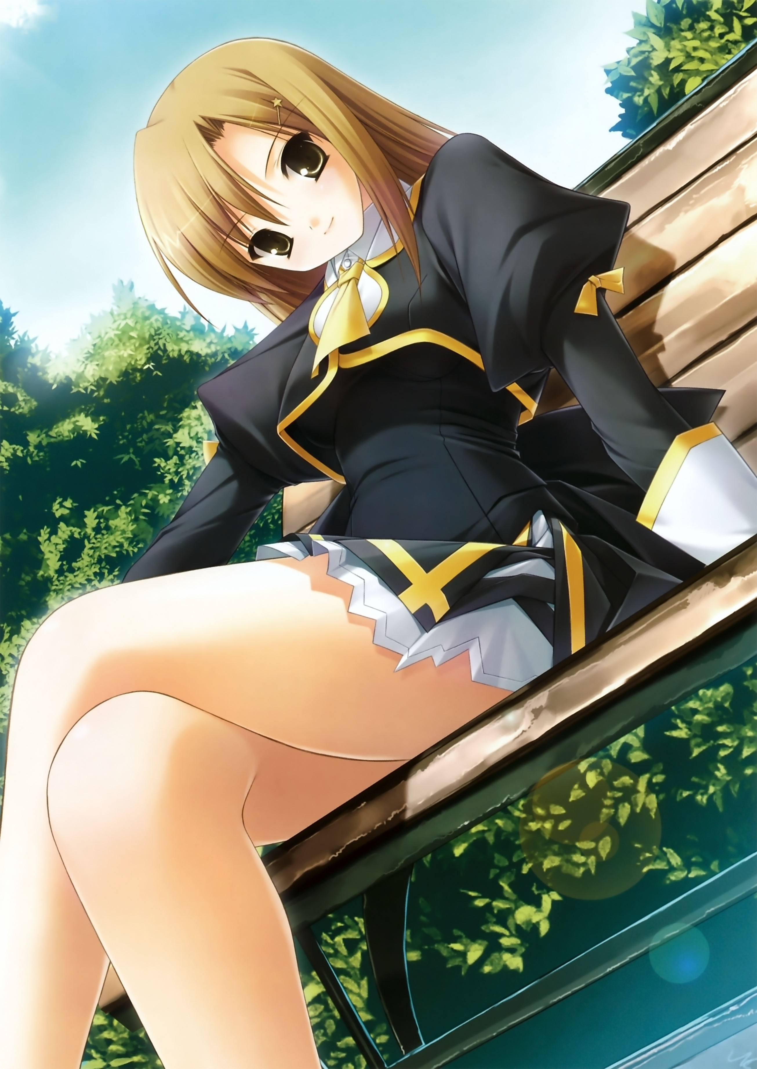 gennosuke (artist), akashizawa miru, stellar theater, absurdres, highres, 1girl, bench, blonde hair, crossed legs, dutch angle, female focus, hair ornament, legs, school uniform, sitting, sky, solo, tree, yellow eyes