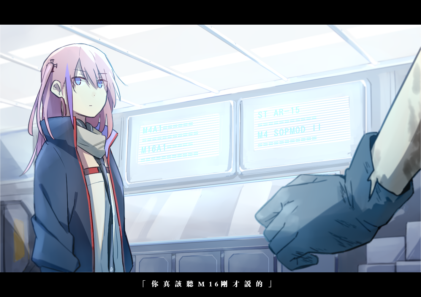 xinhao, st ar-15 (girls' frontline), girls' frontline, non-web source, 2girls, bandana, bandana around neck, blue eyes, closed mouth, gloves, hair between eyes, indoors, jacket, long hair, long sleeves, monitor, multicolored jacket, multiple girls, open clothes, open jacket, pink hair, ponytail, print collar