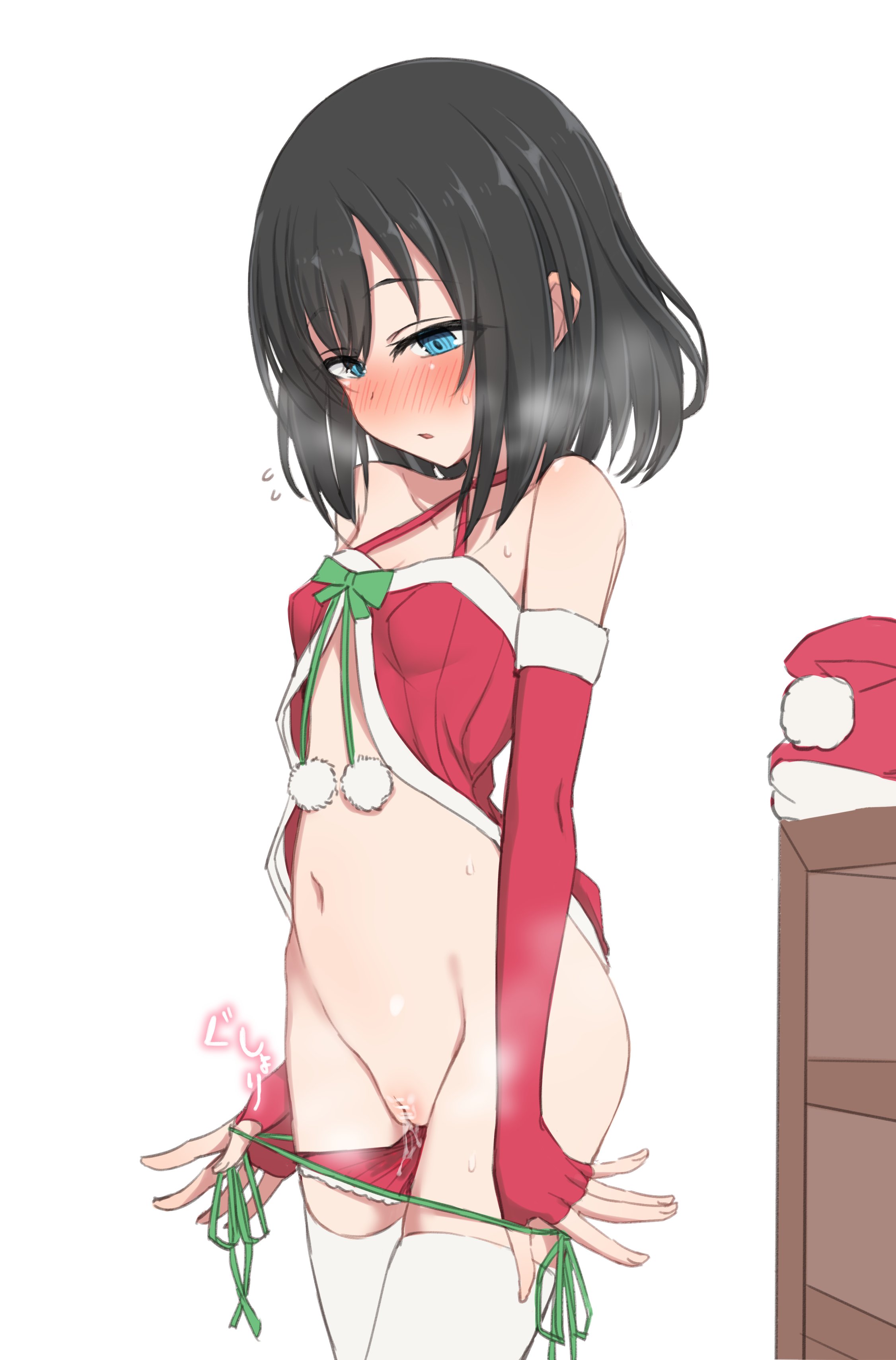 nonono mino, layla (mino), original, absurdres, highres, protected link, 1girl, babydoll, black hair, blue eyes, blush, breasts, christmas, elbow gloves, embarrassed, fingerless gloves, fur trim, gloves, green eyes, groin, hat, navel, open mouth, panties, panty pull, pulling own clothes, pussy, pussy juice, red babydoll, red gloves, red panties, short hair, side-tie panties, simple background, sketch, small breasts, solo, stomach, sweat, thighhighs, thighs, underwear, undressing, unworn hat, unworn headwear, white background, white thighhighs