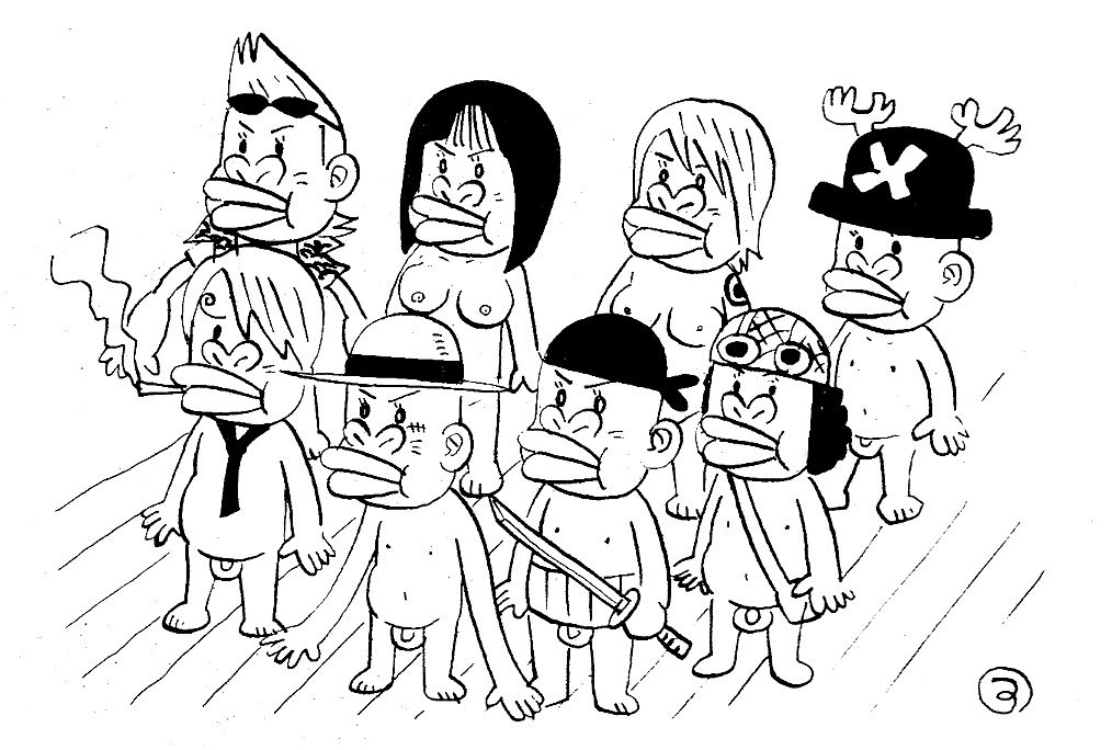 tsunomaru, franky (one piece), monkey d. luffy, nico robin, roronoa zoro, sanji (one piece), tony tony chopper, usopp, one piece, nami, banadana, bandana, black hair, breasts, cigarette, glasses, hair over one eye, hat, horns, lips, monochrome, nude, parody, reindeer, scar, short hair, smoke, smoking, straw hat, sword, tattoo, top hat, weapon, what