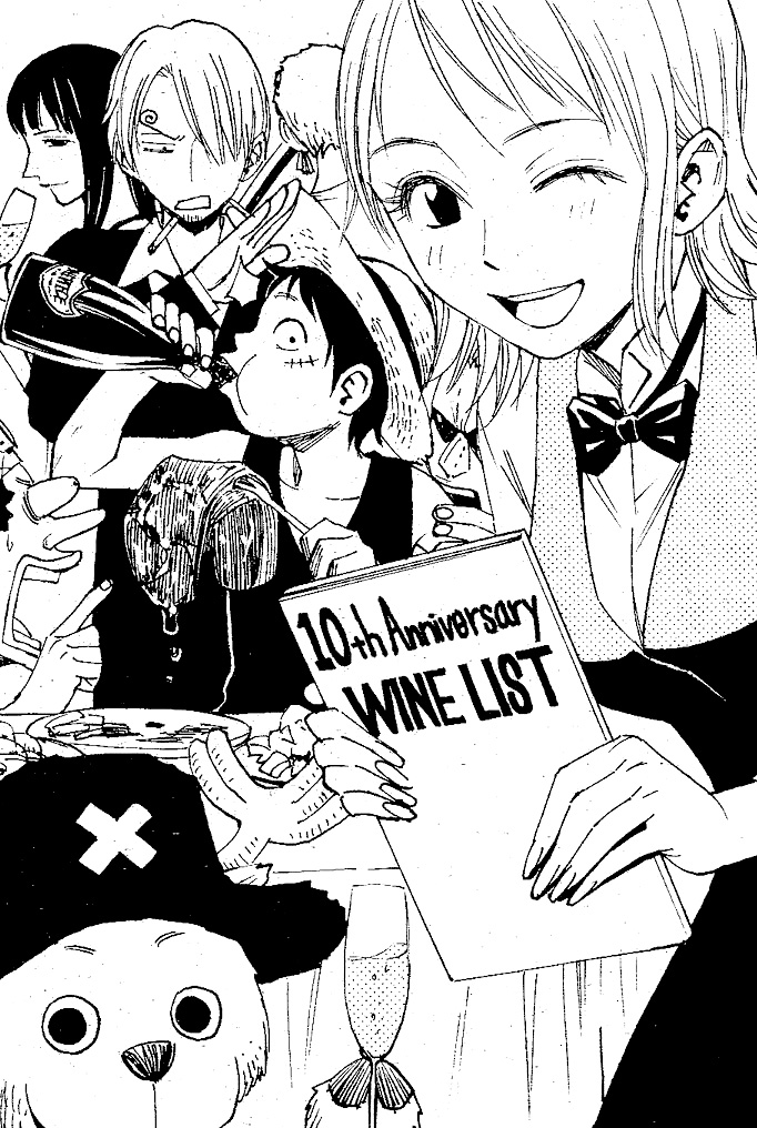 matsui katsunori, monkey d. luffy, nami (one piece), nico robin, roronoa zoro, sanji (one piece), tony tony chopper, usopp, one piece, fur, 2girls, 6+boys, anniversary, antlers, black hair, bow, bowtie, bulging eyes, cigarette, drinking, earrings, eye pop, food, greyscale, hair over one eye, hat, horns, jewelry, katana, male focus, monochrome, multiple boys, multiple girls, one eye closed, parody, reindeer, scar, short hair, smoke, smoking, straw hat, sword, top hat, weapon, wink