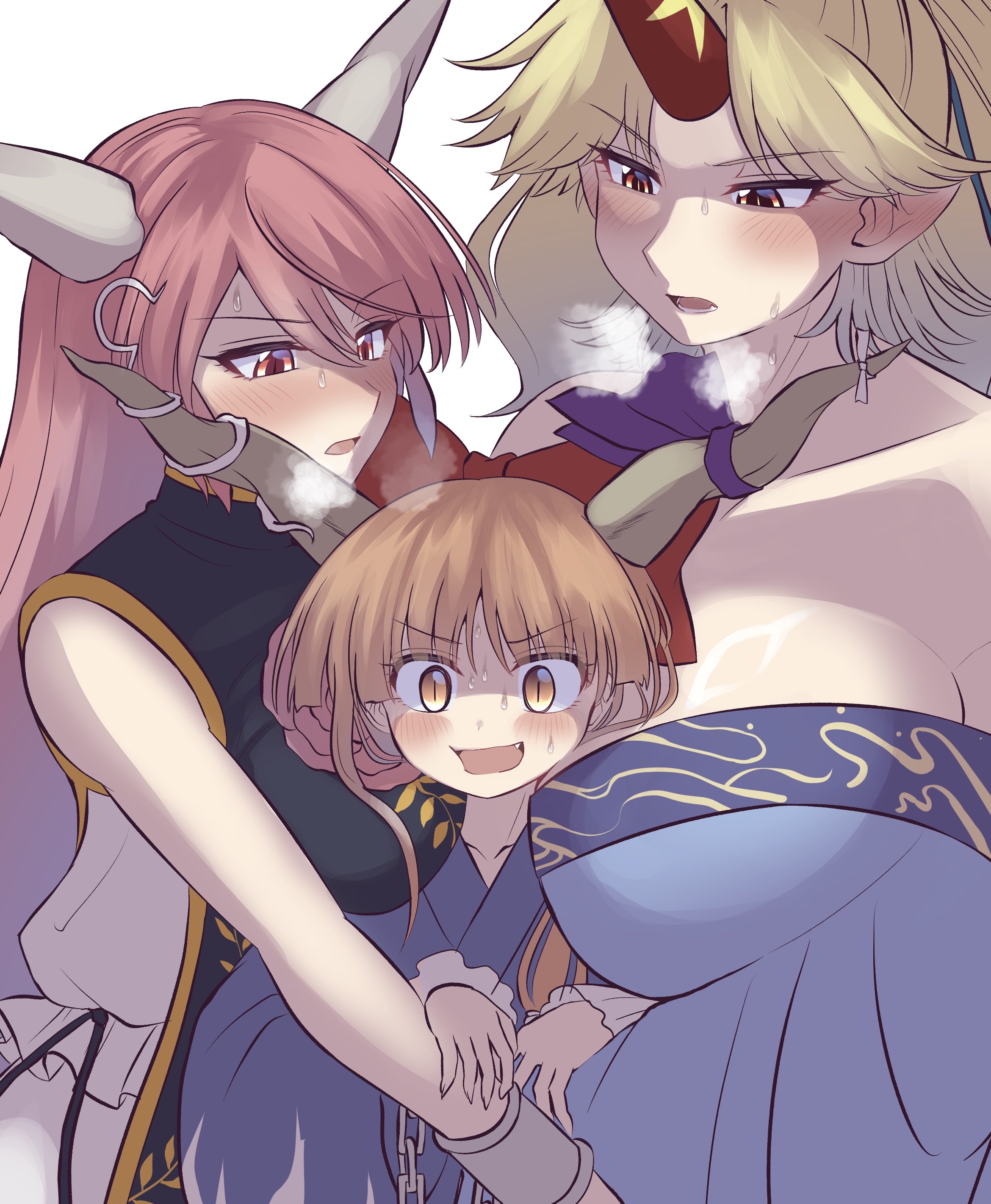 elaphe guttata6, hoshiguma yuugi, hoshiguma yuugi (kimono), ibaraki douji (touhou), ibaraki kasen, ibuki suika, touhou, absurdres, commentary request, highres, 3girls, :o, alternate costume, blonde hair, blue kimono, blue tabard, blush, bow, breasts, breath, chain, collarbone, cuffs, dress, fang, frilled dress, frilled sleeves, frills, girl sandwich, hair between eyes, hair bow, holding another's arm, horn bow, horn ornament, horn ribbon, horns, japanese clothes, kimono, large breasts, long hair, long sleeves, lower teeth only, multiple girls, off-shoulder dress, off shoulder, oni, open mouth, orange hair, parted bangs, partially shaded face, pink hair, pointy ears, purple bow, raised eyebrow, red bow, red eyes, red horns, ribbon, sandwiched, shackles, short hair, simple background, single horn, sleeveless dres, slit pupils, smile, star (symbol), sweatdrop, swept bangs, tabard, teeth, upper body, v-shaped eyebrows, very long hair, white background, white dress, white ribbon, yellow eyes