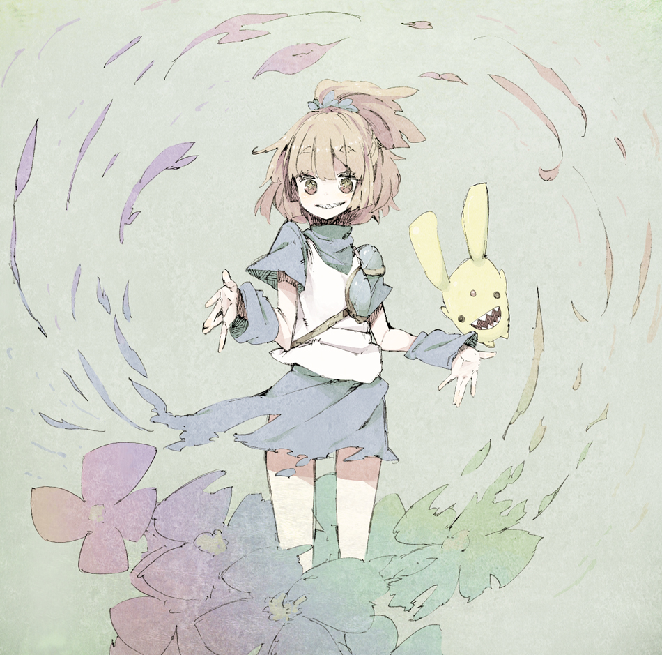 abara heiki, arle nadja, carbuncle (puyopuyo), madou monogatari, puyopuyo, + +, 1girl, blue skirt, brown eyes, brown hair, flower, green background, grin, half updo, ponytail, skirt, smile