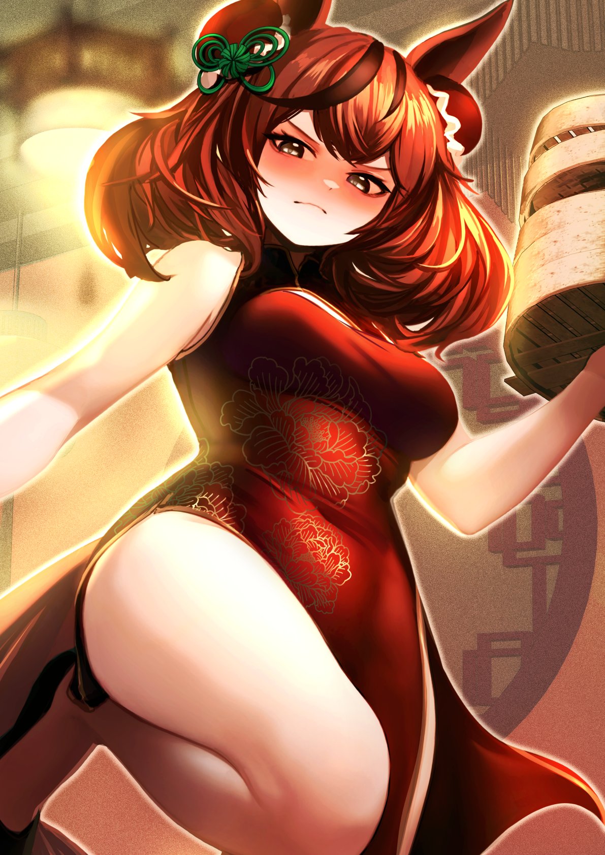 hoshikuzu kizuna (kizuna stardust), nice nature (umamusume), umamusume, commentary request, highres, textless version, 1girl, alternate costume, animal ears, bamboo steamer, bare shoulders, basket, black shoes, blush, bow, breasts, brown eyes, brown hair, bun cover, china dress, chinese clothes, closed mouth, dress, ear bow, ear ornament, ear ribbon, green bow, holding, holding basket, horse ears, horse girl, horse tail, looking at viewer, medium breasts, medium hair, multicolored hair, pelvic curtain, red dress, red hair, shoes, sleeveless, sleeveless dress, solo, standing, standing on one leg, streaked hair, tail, twintails