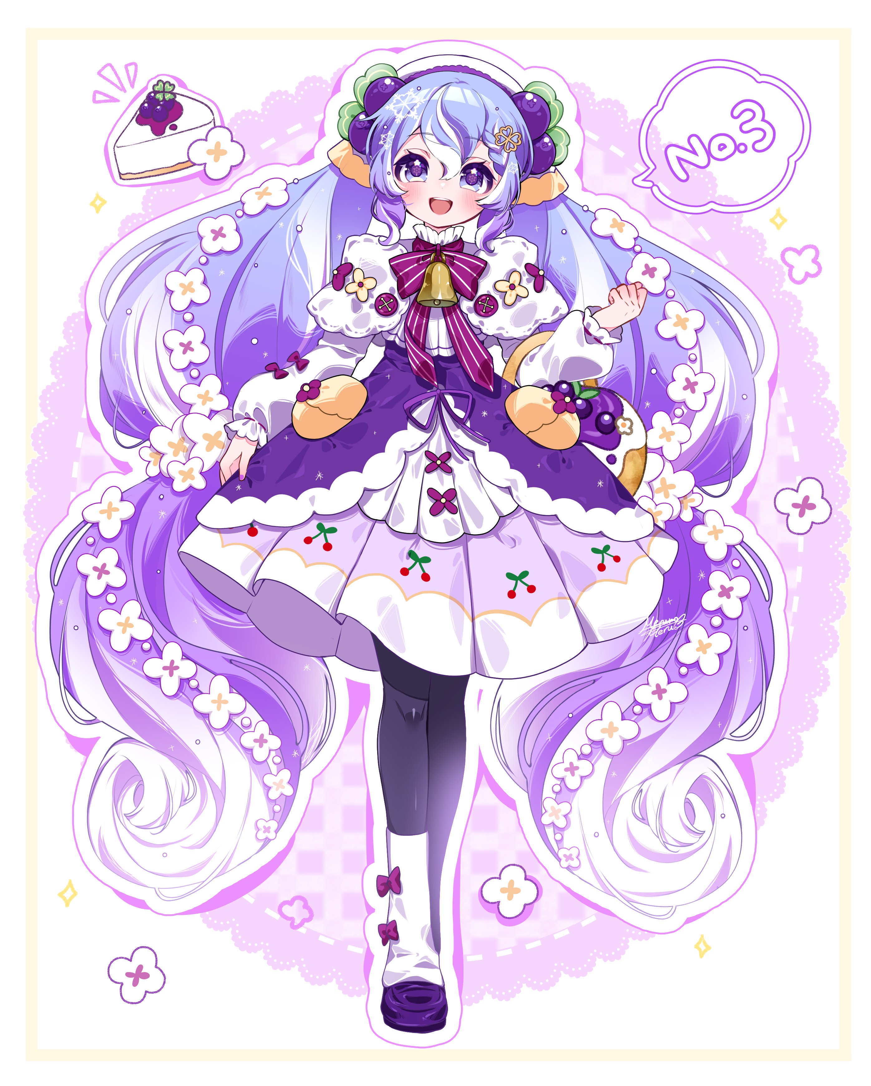 shirayuki towa, hatsune miku, yuki miku, yuki miku (2026) (candidate no.3), vocaloid, absurdres, commentary request, highres, 1girl, :d, blush, border, bow, cake, cake slice, capelet, dress, food, full body, gradient hair, hair between eyes, long hair, long sleeves, looking at viewer, multicolored hair, open mouth, pantyhose, puffy long sleeves, puffy sleeves, purple bow, purple dress, purple eyes, purple pantyhose, purple shoes, purple theme, shoes, smile, solo, speech bubble, streaked hair, teeth, tongue, upper teeth only, very long hair, white border, white capelet, white hair
