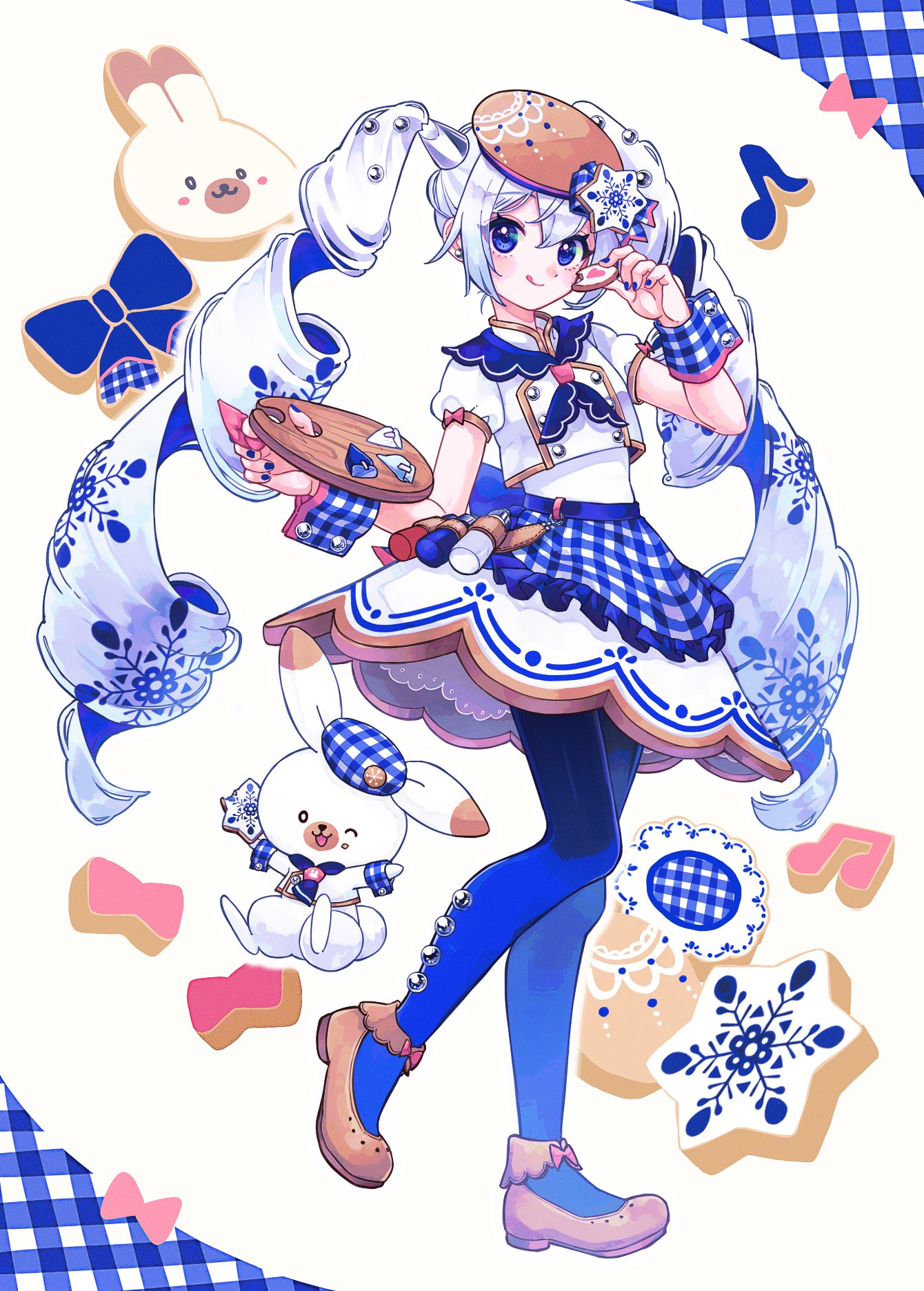 moromoimaru, hatsune miku, rabbit yukine, yuki miku, yuki miku (2026) (candidate no.6), vocaloid, commentary request, highres, 1girl, :q, ;3, blue bow, blue eyes, blue hat, blue nails, blue pantyhose, bow, brown hat, brown shoes, colored inner hair, cookie, dress, fingernails, food, full body, hat, holding, holding cookie, holding food, holding paint palette, long hair, looking at viewer, multicolored hair, musical note, nail polish, one eye closed, paint palette, pantyhose, plaid hat, shoes, snowflakes, solo, tongue, tongue out, twintails, very long hair, white dress, white hair