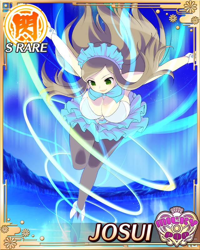 josui (senran kagura), senran kagura, senran kagura new wave, game cg, official art, 1girl, aura, black pantyhose, blue bow, blue bowtie, blue headdress, blue skirt, blue vest, border, bow, bowtie, breasts, brown hair, card (medium), character name, cleavage, detached collar, elbow gloves, english text, flying kick, gloves, green eyes, idol, idol clothes, kicking, large breasts, long hair, looking down, midriff, mountainous horizon, navel, official alternate costume, pantyhose, skirt, smile, solo, vest, white gloves