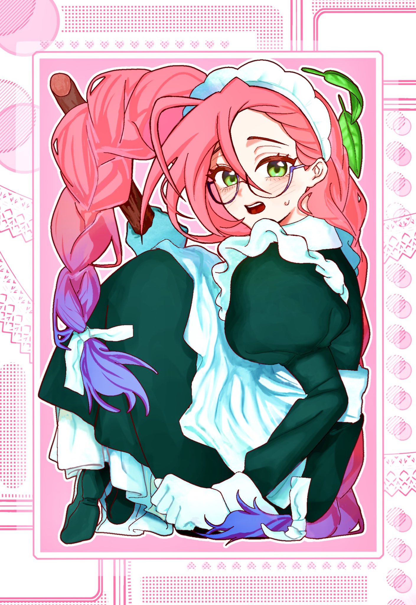 mizi (alien stage), alien stage, commentary, highres, 1girl, black dress, blue hair, blush, braid, cramped, dress, glasses, gloves, green eyes, hair ribbon, juliet sleeves, leaf, long hair, long sleeves, looking at viewer, maid, maid headdress, multicolored hair, official alternate costume, open mouth, pink hair, puffy sleeves, ribbon, small sweatdrop, snsbeginner4649, solo, twin braids, two-tone hair, very long hair, white gloves, white ribbon
