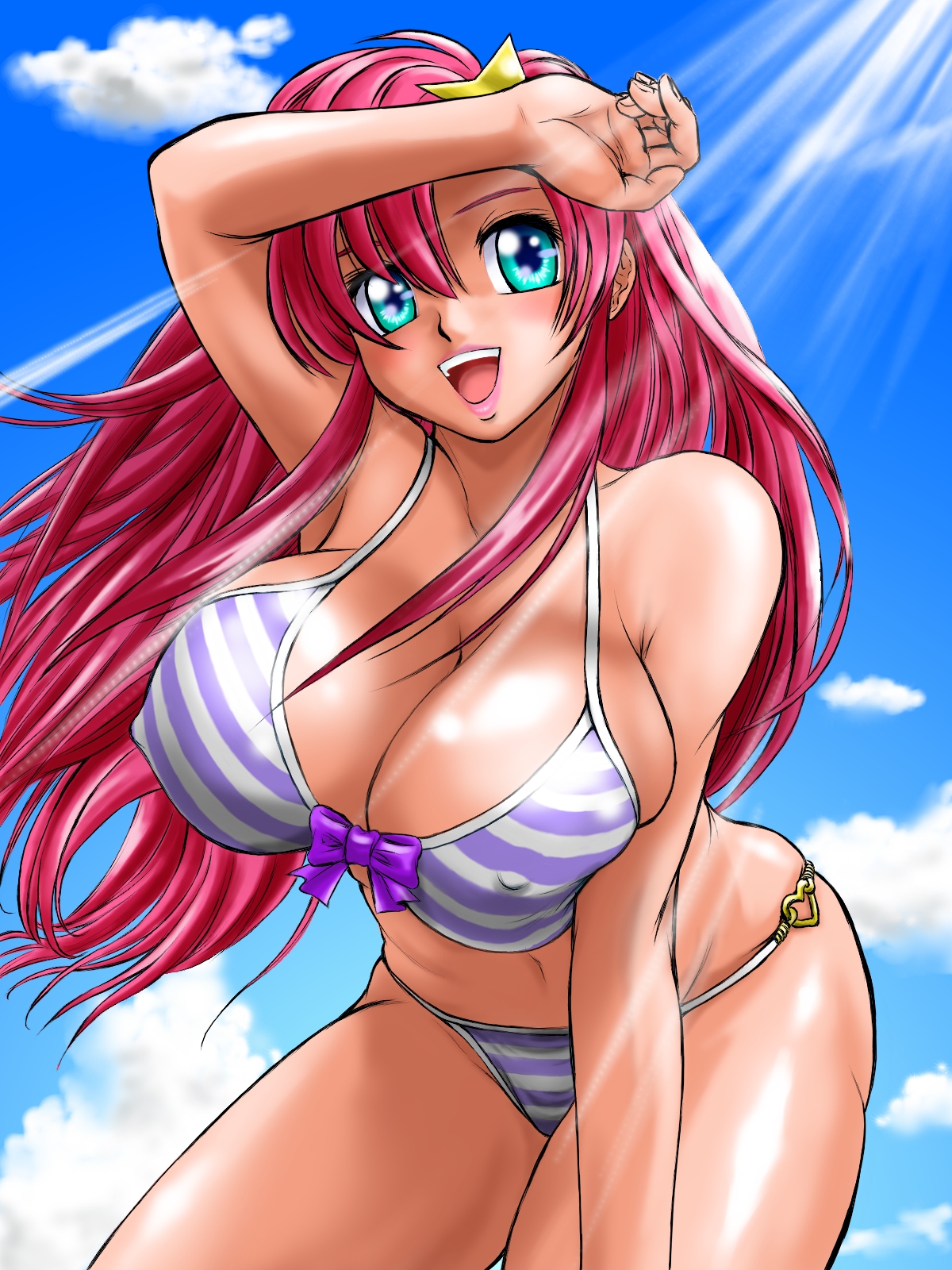 wolfpack, meer campbell, gundam, gundam seed, gundam seed destiny, highres, 00s, 1girl, aqua eyes, bikini, breasts, cleavage, covered erect nipples, curvy, day, female focus, hair ornament, huge breasts, long hair, pink hair, solo, star (symbol), star hair ornament, striped bikini, striped clothes, sunlight, swimsuit, tan