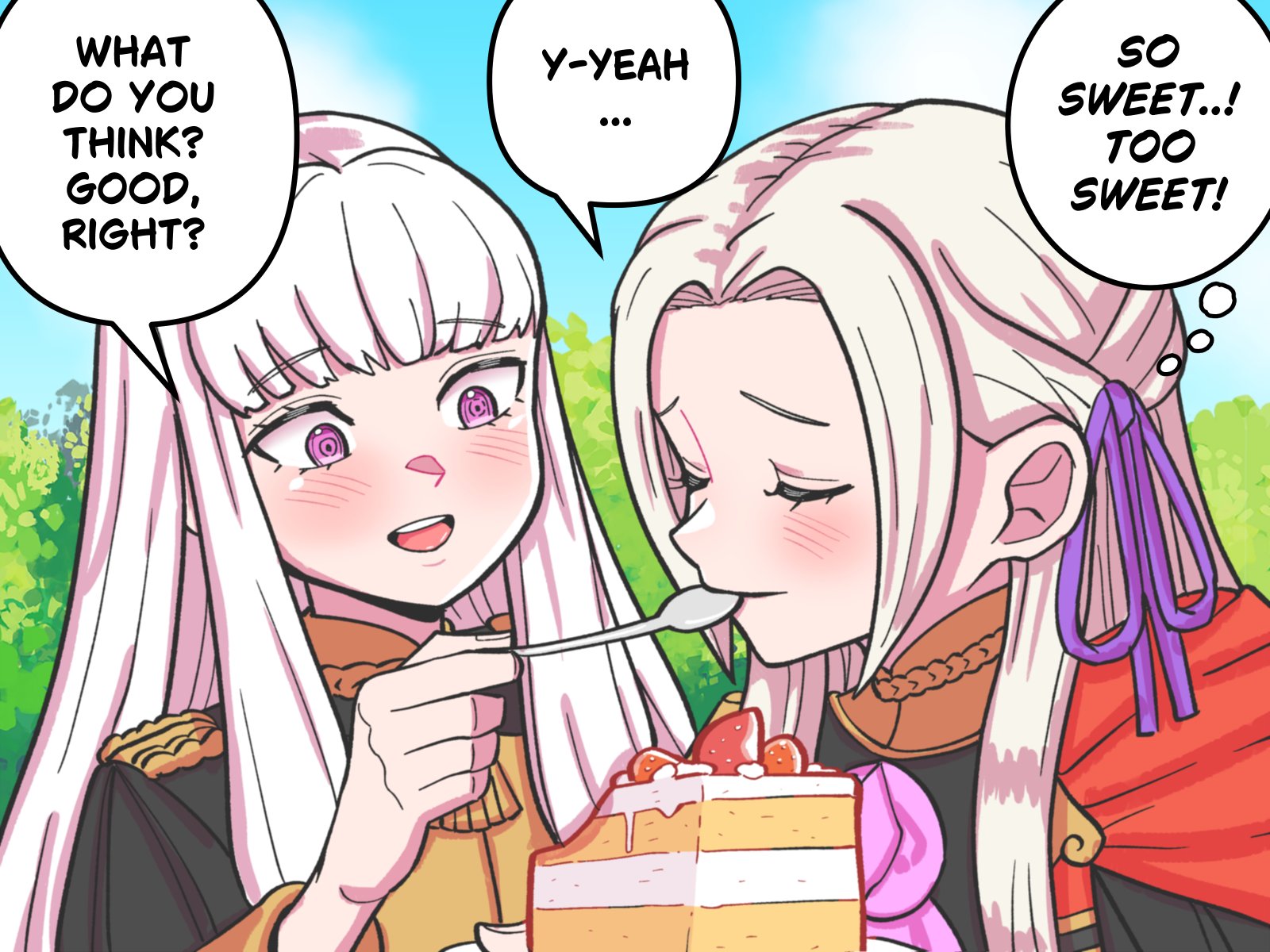 mnejing30, edelgard von hresvelg, lysithea von ordelia, fire emblem, fire emblem: three houses, nintendo, commentary, english commentary, highres, 2girls, blue sky, blush, cake, cake slice, cape, closed eyes, english text, feeding, food, fruit, garreg mach monastery uniform, hair ribbon, holding, holding spoon, long hair, long sleeves, multiple girls, open mouth, pink eyes, purple ribbon, red cape, ribbon, side cape, sky, smile, speech bubble, spoon, strawberry, teeth, upper body, upper teeth only, utensil in mouth, white hair