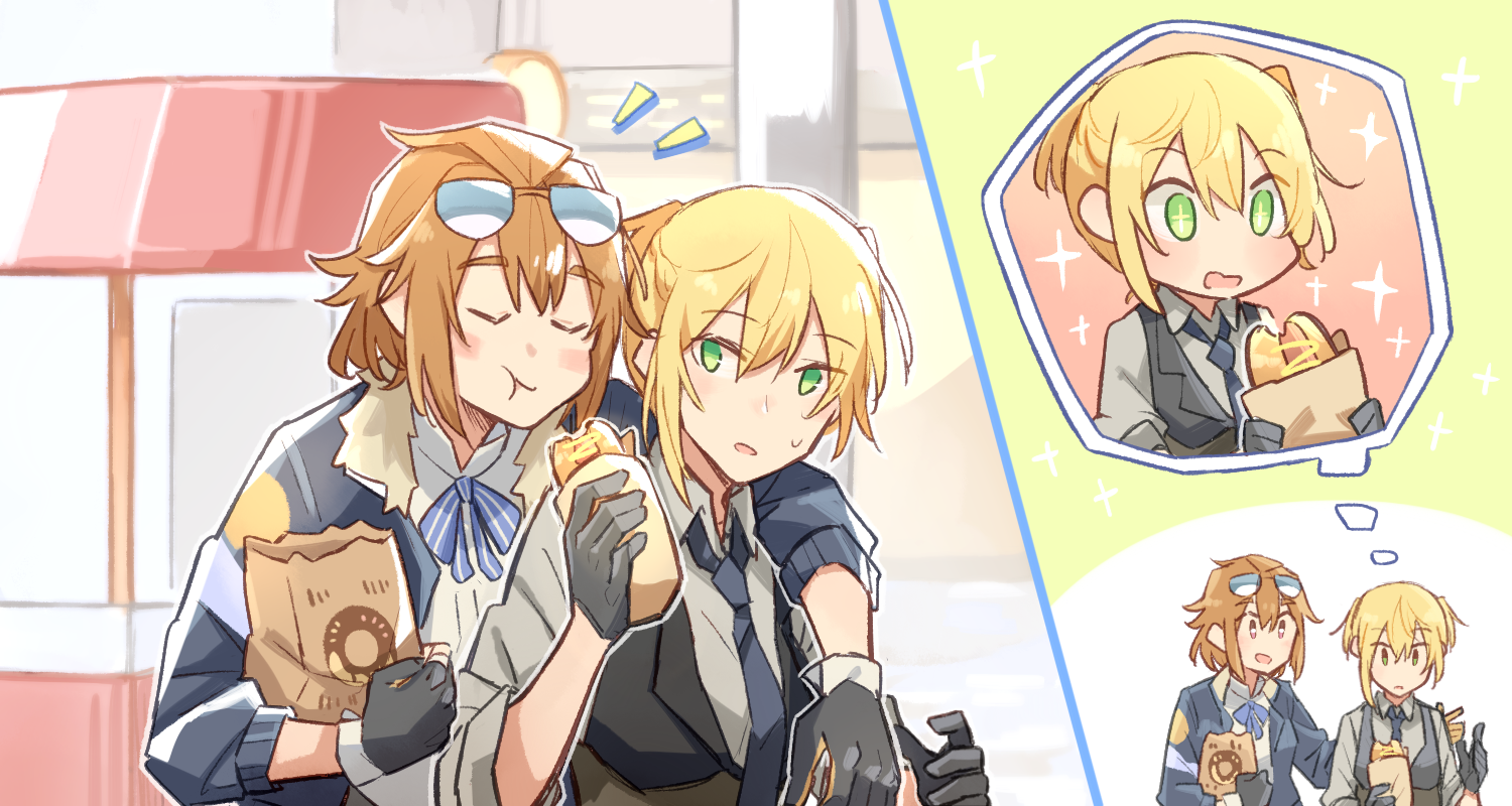 xinhao, grizzly mkv (girls' frontline), welrod mkii (girls' frontline), girls' frontline, non-web source, 2girls, blonde hair, blue necktie, brown hair, chewing, collared shirt, corset, eating, food, food in mouth, gloves, green eyes, hair between eyes, holding, holding food, hot dog, hot dog bun, jacket, long sleeves, medium hair, multiple girls, mustard, necktie, open mouth, pinstripe pattern, pinstripe vest, shirt, sleeves rolled up, smile, striped clothes, striped vest, vertical-striped clothes, vertical-striped vest, vest, white shirt