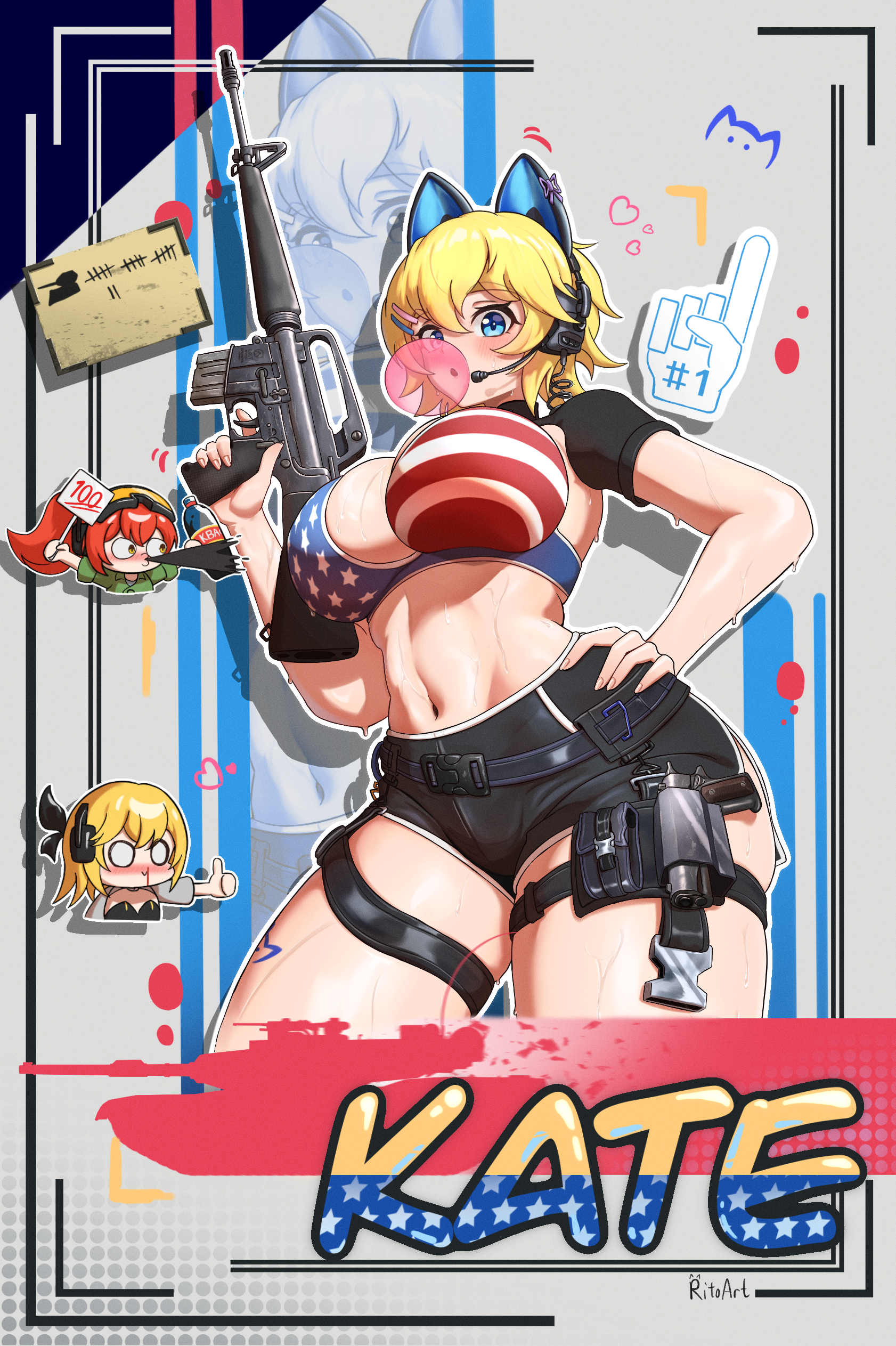 m1 abrams, war thunder, absurdres, highres, 3girls, american flag, american flag bikini, american flag print, animal ear headphones, animal ears, aroused nosebleed, artist name, assault rifle, bikini, blonde hair, blood, blowing bubble gum, blue eyes, blush, breasts, cat ear headphones, cat ears, character name, chewing gum, chibi, cowboy shot, elsa (senrai maidens), fake animal ears, flag print, flag print bikini, gun, hair ornament, hairclip, handgun, headphones, kate (senrai maidens), kvass, large breasts, m16, maria (senrai maidens), military vehicle, motor vehicle, multiple girls, navel, nosebleed, orange hair, print bikini, rifle, rito art, short hair, signature, skindentation, solo focus, sweat, sweatdrop, swimsuit, tank, thigh strap, thighs, thumbs up, weapon, yellow eyes